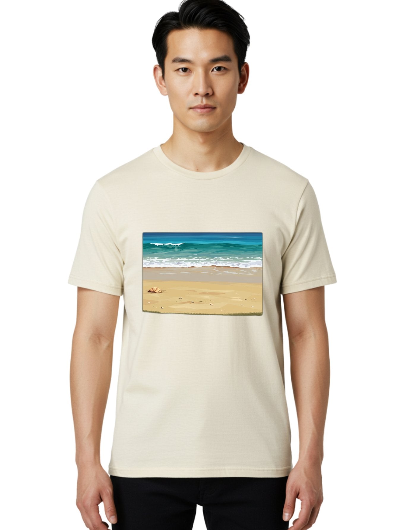 Beach-Scene-2 Men'S Graphic Tee, 100% Cotton, Comfortable Casual Summer Wear, Machine Washable, Vintage Camera, Old Camera, Antique Camera, Black Camera, Classic Photography, Photography Equipment, Nostalgic Device, Film Camera, Camera Art Bak037 28