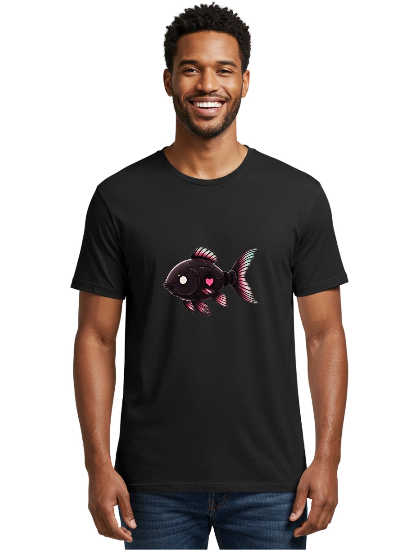 Black-Fish-With-Pink-Heart Men'S Graphic Tee, 100% Cotton, Comfortable Casual Summer Wear, Machine Washable, Vintage Camera, Old Camera, Antique Camera, Black Camera, Classic Photography, Photography Equipment, Nostalgic Device, Film Camera, Bak067 21