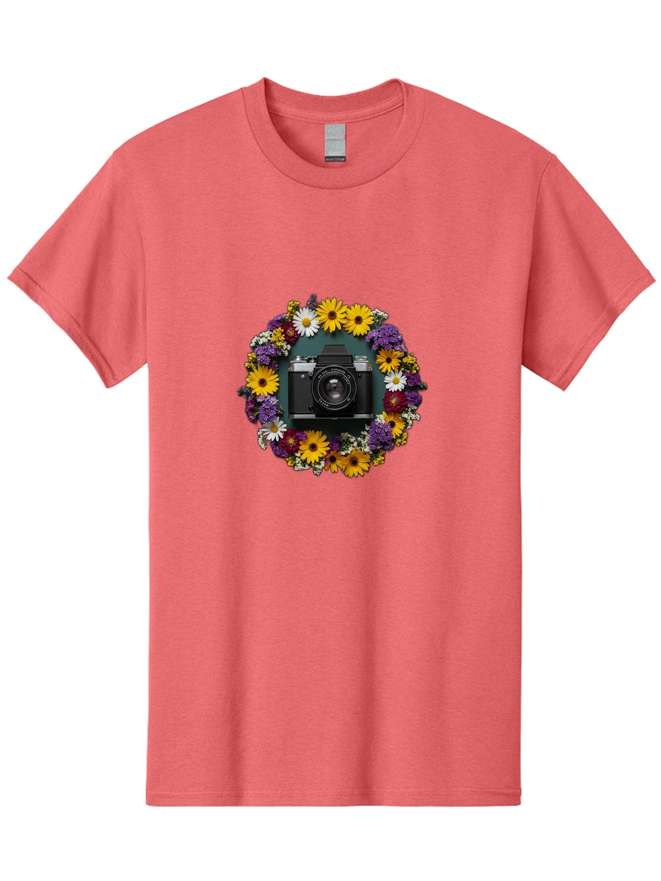 Camera-Lens-Surrounded-By-Flowers Men'S Graphic Tee, 100% Cotton, Comfortable Casual Summer Wear, Machine Washable, Vintage Camera, Old Camera, Antique Camera, Black Camera, Classic Photography, Photography Equipment, Nostalgic Device, Bak168 11