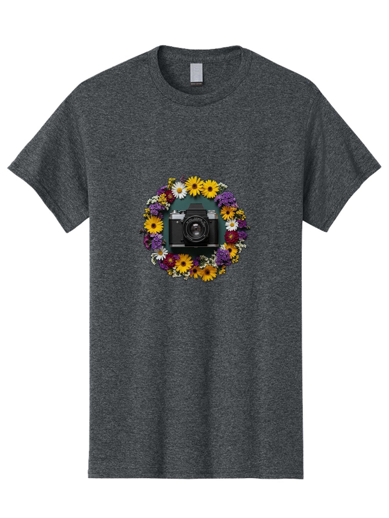 Camera-Lens-Surrounded-By-Flowers Men'S Graphic Tee, 100% Cotton, Comfortable Casual Summer Wear, Machine Washable, Vintage Camera, Old Camera, Antique Camera, Black Camera, Classic Photography, Photography Equipment, Nostalgic Device, Bak168 15