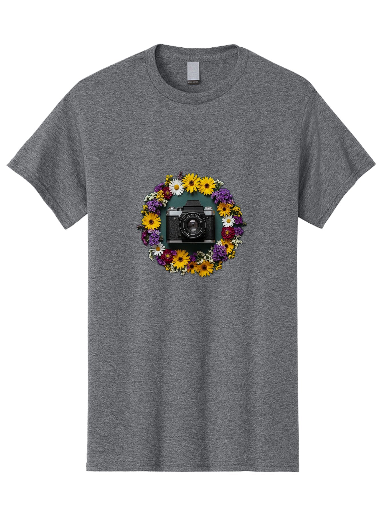 Camera-Lens-Surrounded-By-Flowers Men'S Graphic Tee, 100% Cotton, Comfortable Casual Summer Wear, Machine Washable, Vintage Camera, Old Camera, Antique Camera, Black Camera, Classic Photography, Photography Equipment, Nostalgic Device, Bak168 9