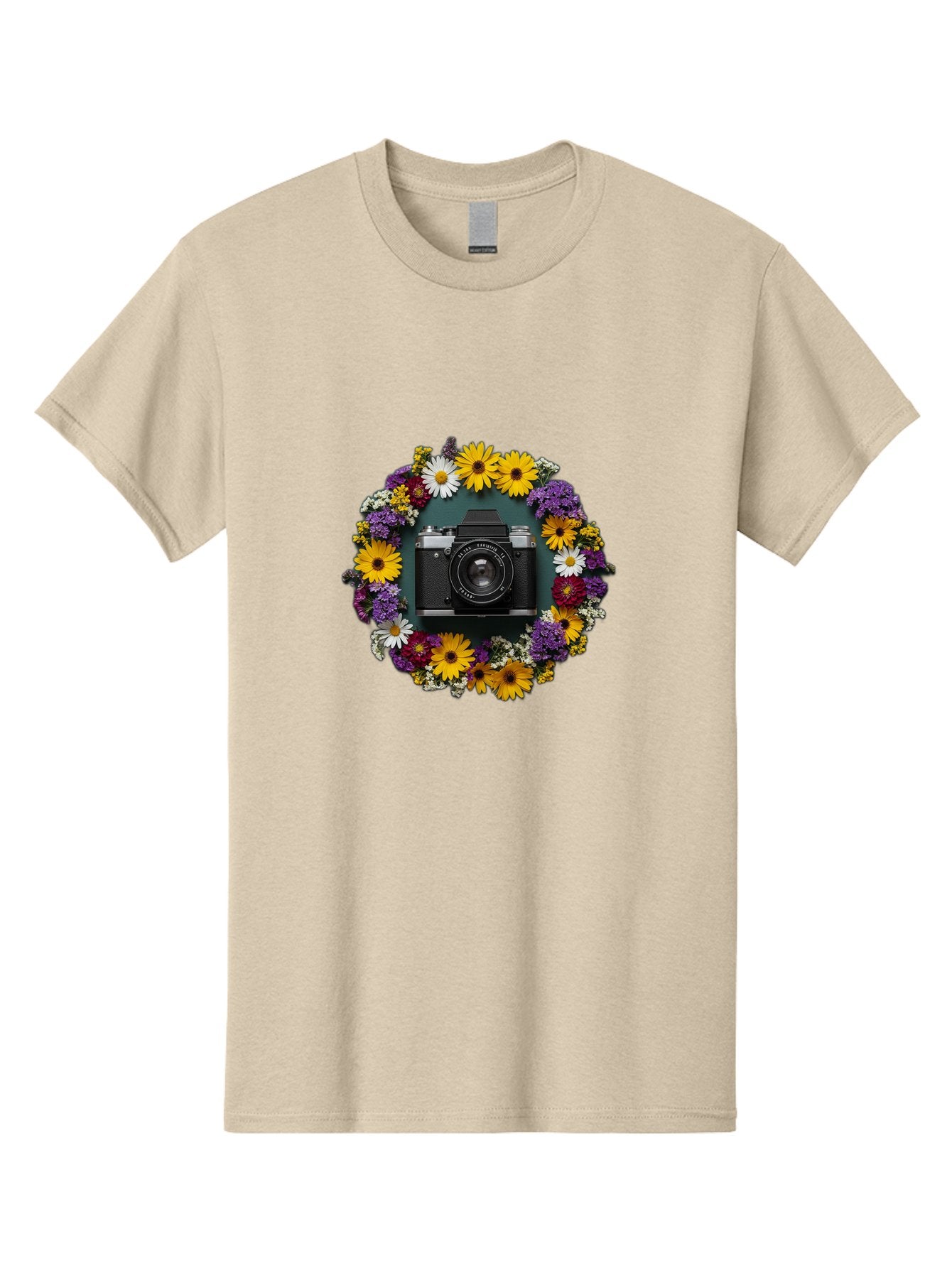 Camera-Lens-Surrounded-By-Flowers Men'S Graphic Tee, 100% Cotton, Comfortable Casual Summer Wear, Machine Washable, Vintage Camera, Old Camera, Antique Camera, Black Camera, Classic Photography, Photography Equipment, Nostalgic Device, Bak168 8