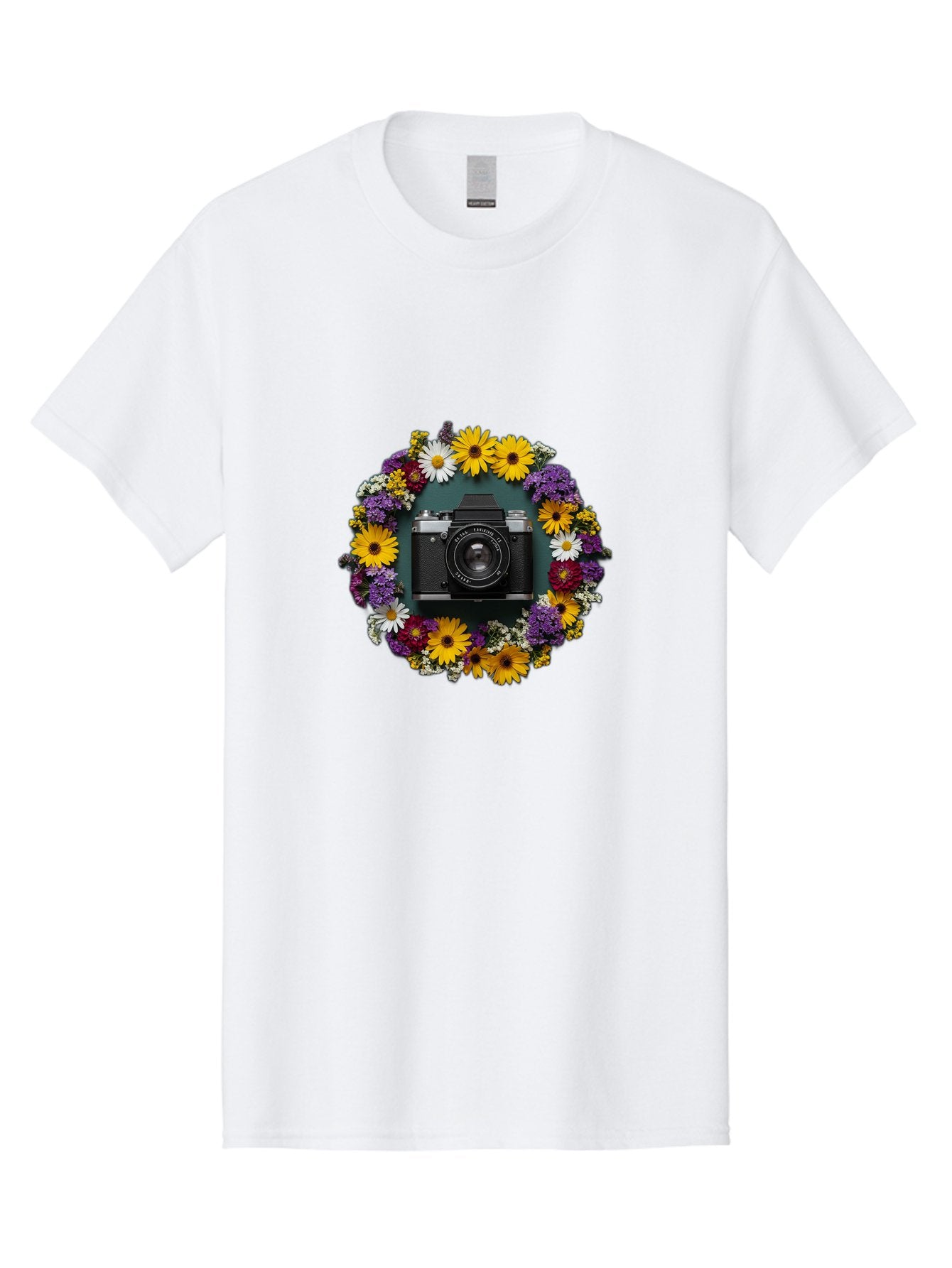 Camera-Lens-Surrounded-By-Flowers Men'S Graphic Tee, 100% Cotton, Comfortable Casual Summer Wear, Machine Washable, Vintage Camera, Old Camera, Antique Camera, Black Camera, Classic Photography, Photography Equipment, Nostalgic Device, Bak168 7