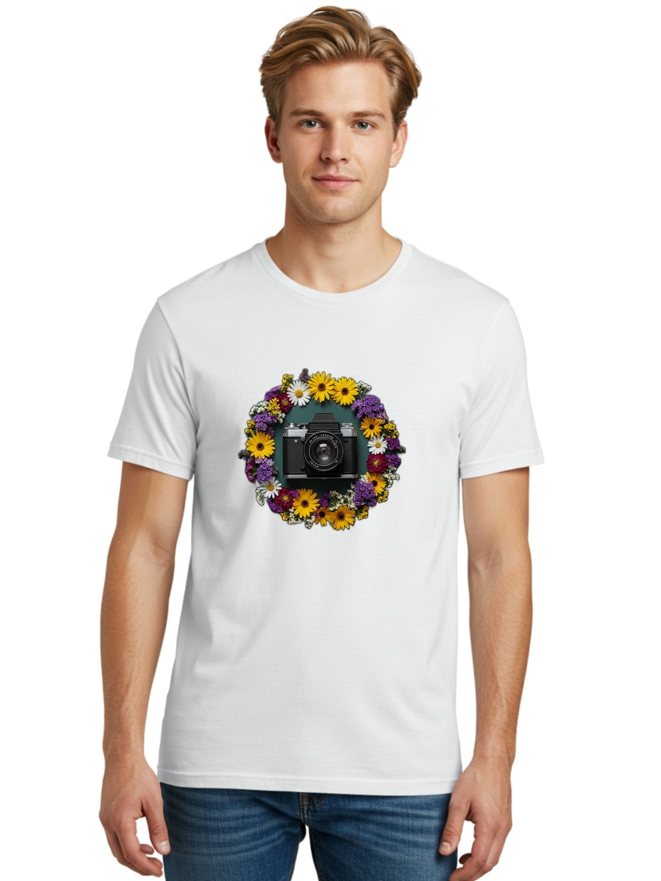 Camera-Lens-Surrounded-By-Flowers Men'S Graphic Tee, 100% Cotton, Comfortable Casual Summer Wear, Machine Washable, Vintage Camera, Old Camera, Antique Camera, Black Camera, Classic Photography, Photography Equipment, Nostalgic Device, Bak168 16