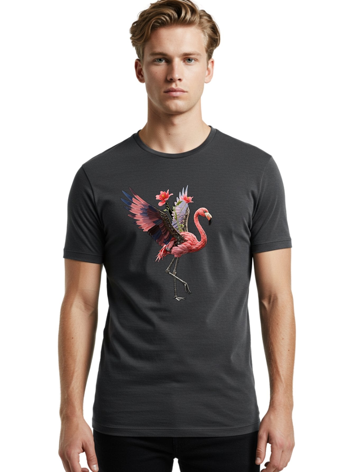Flamingo-With-Robot-Parts Men'S Graphic Tee, 100% Cotton, Comfortable Casual Summer Wear, Machine Washable, Vintage Camera, Old Camera, Antique Camera, Black Camera, Classic Photography, Photography Equipment, Nostalgic Device, Film Camera, Bak604 30