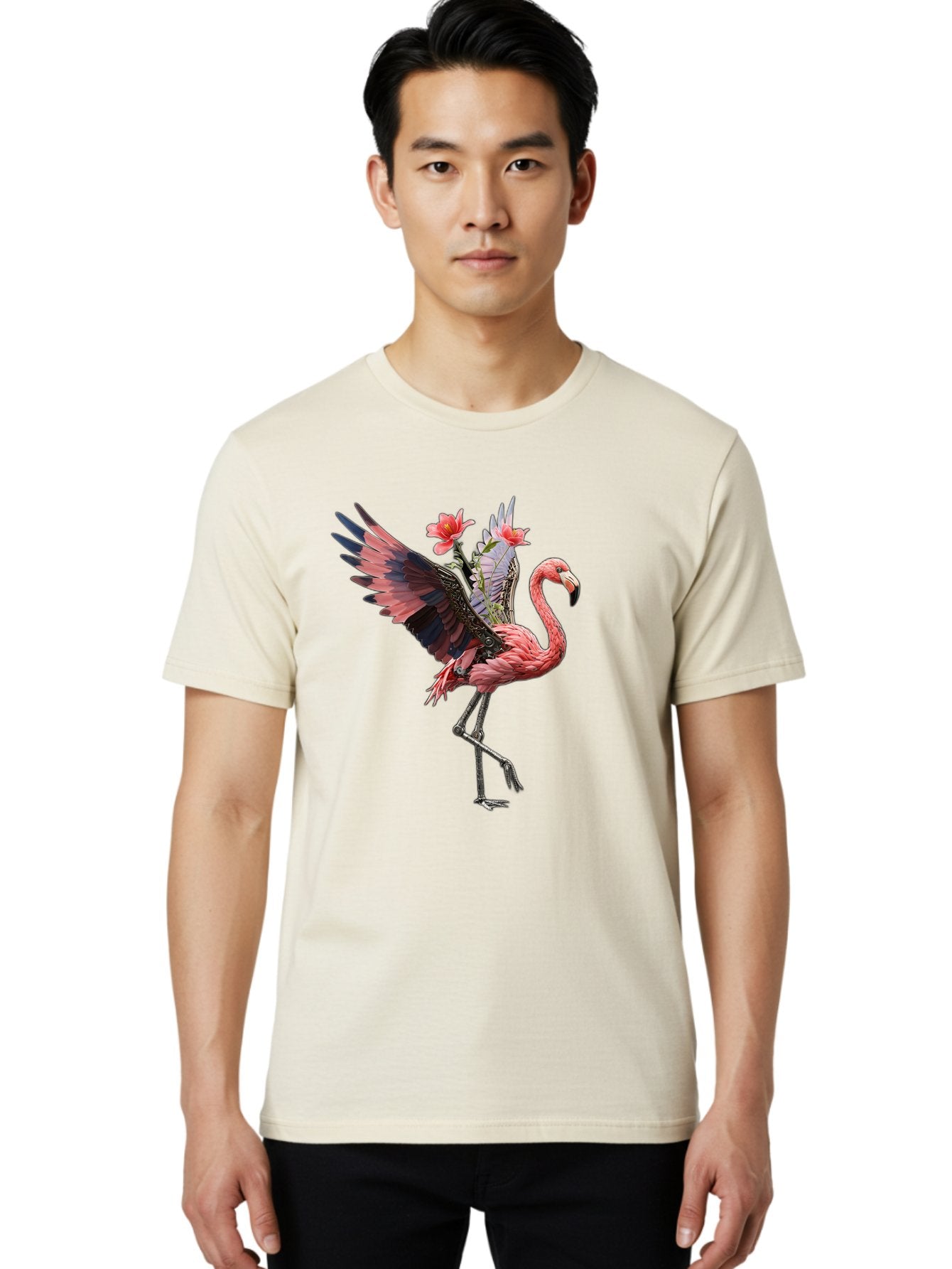 Flamingo-With-Robot-Parts Men'S Graphic Tee, 100% Cotton, Comfortable Casual Summer Wear, Machine Washable, Vintage Camera, Old Camera, Antique Camera, Black Camera, Classic Photography, Photography Equipment, Nostalgic Device, Film Camera, Bak604 17