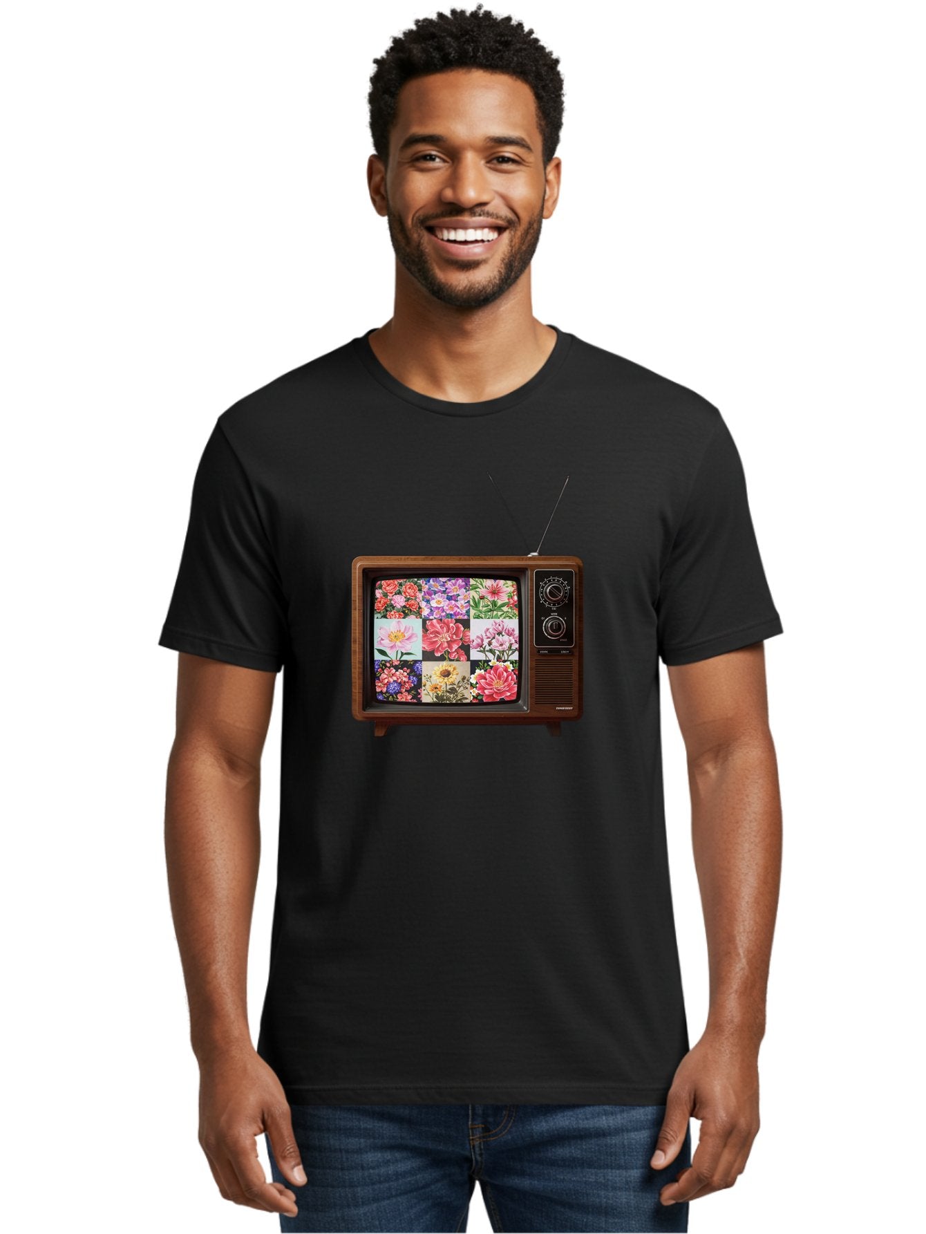 Flower-Collage-Tv Men'S Graphic Tee, 100% Cotton, Comfortable Casual Summer Wear, Machine Washable, Vintage Camera, Old Camera, Antique Camera, Black Camera, Classic Photography, Photography Equipment, Nostalgic Device, Film Camera, Camera Art Bak612 21