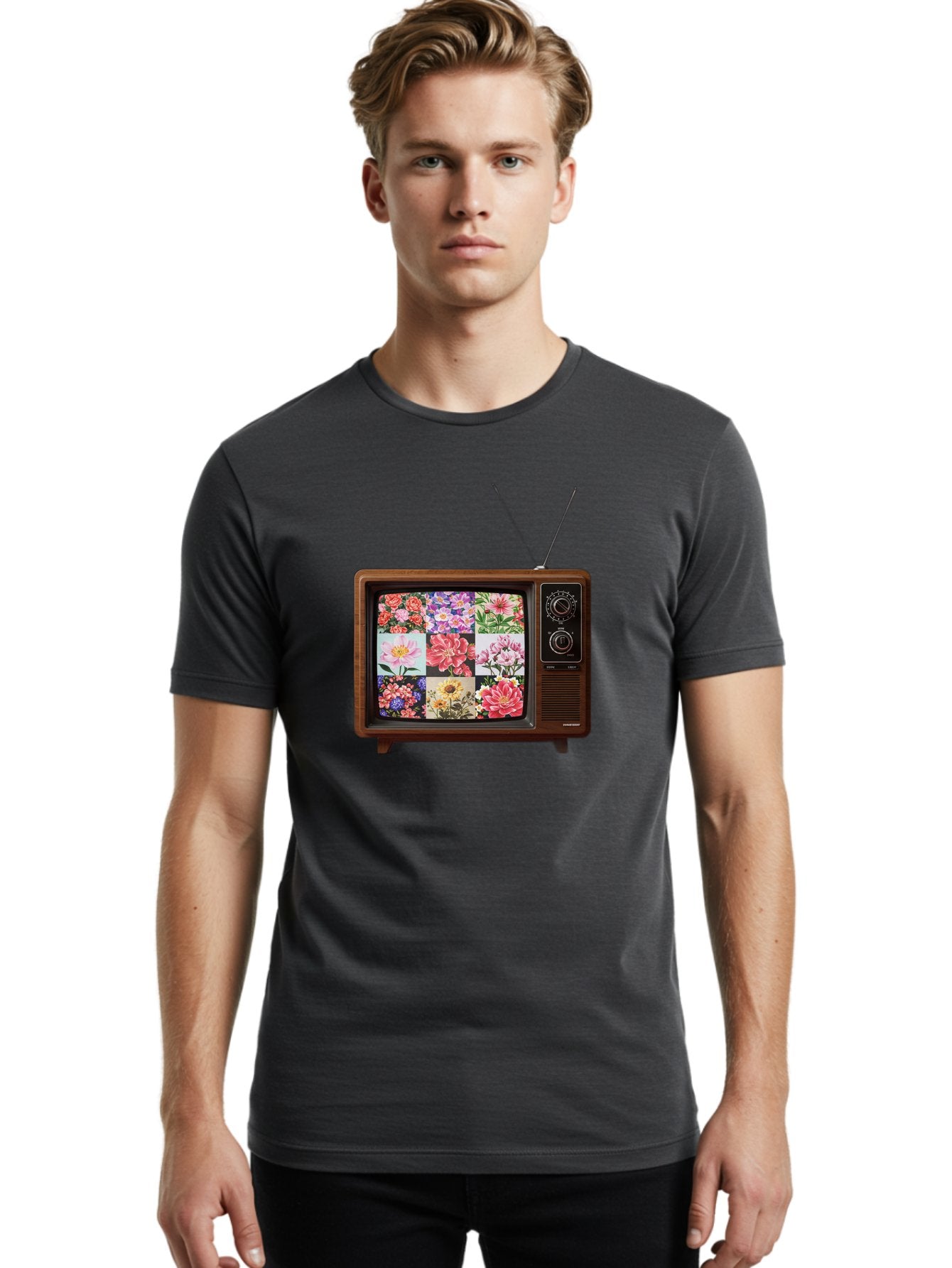 Flower-Collage-Tv Men'S Graphic Tee, 100% Cotton, Comfortable Casual Summer Wear, Machine Washable, Vintage Camera, Old Camera, Antique Camera, Black Camera, Classic Photography, Photography Equipment, Nostalgic Device, Film Camera, Camera Art Bak612 27