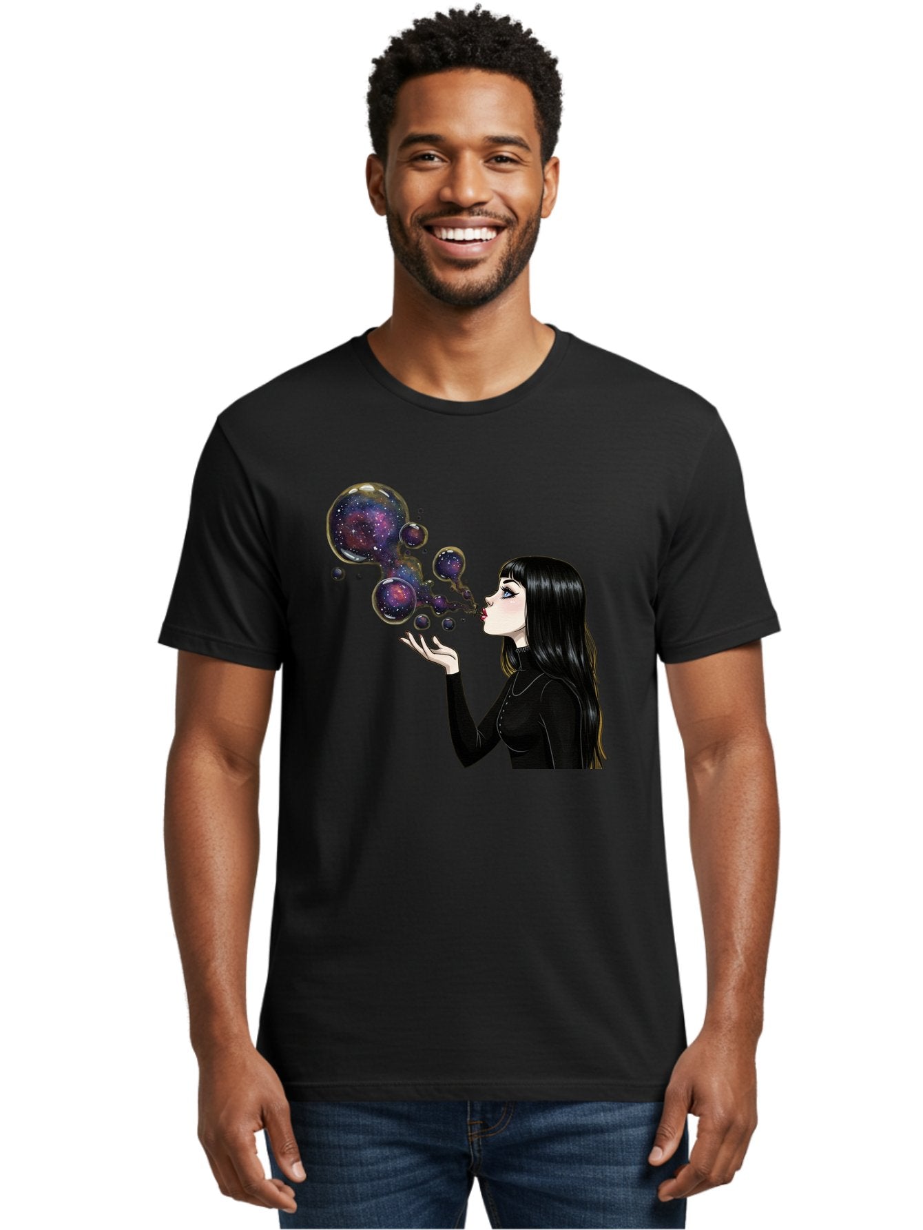 Girl-Blowing-Galaxy-Bubbles-1 Men'S Graphic Tee, 100% Cotton, Comfortable Casual Summer Wear, Machine Washable, Vintage Camera, Old Camera, Antique Camera, Black Camera, Classic Photography, Photography Equipment, Nostalgic Device, Bak684 18