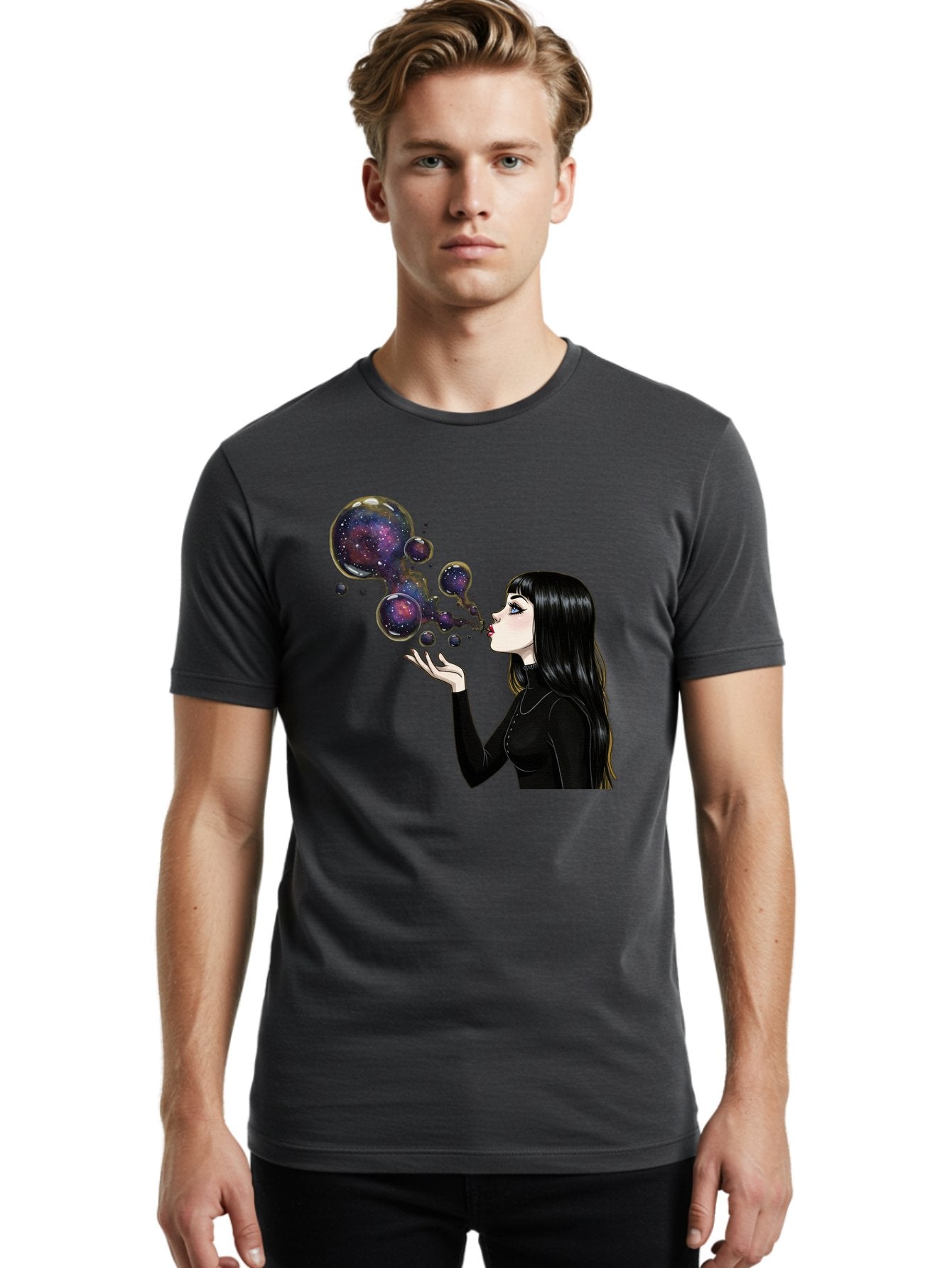 Girl-Blowing-Galaxy-Bubbles-1 Men'S Graphic Tee, 100% Cotton, Comfortable Casual Summer Wear, Machine Washable, Vintage Camera, Old Camera, Antique Camera, Black Camera, Classic Photography, Photography Equipment, Nostalgic Device, Bak684 17