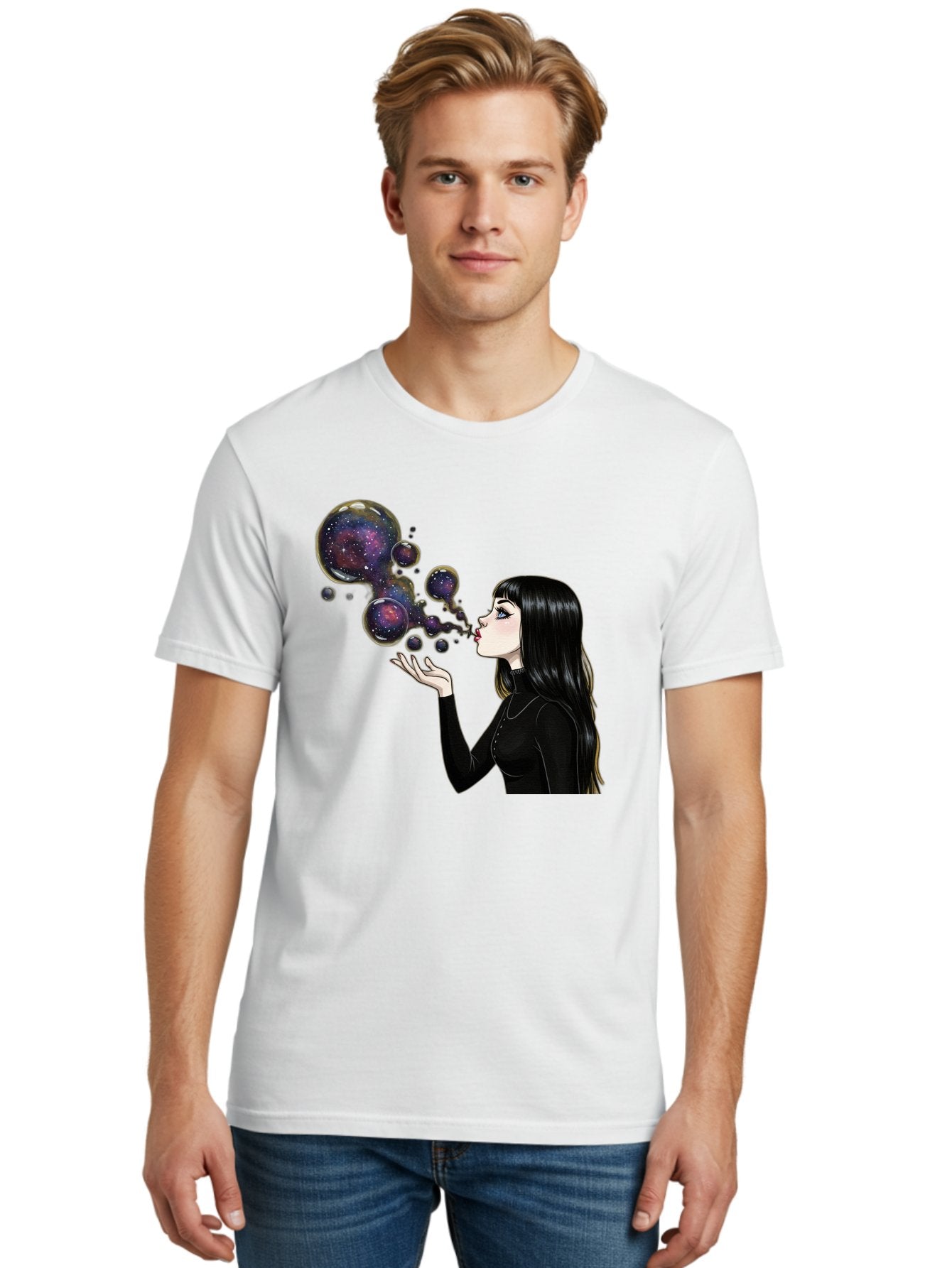 Girl-Blowing-Galaxy-Bubbles-1 Men'S Graphic Tee, 100% Cotton, Comfortable Casual Summer Wear, Machine Washable, Vintage Camera, Old Camera, Antique Camera, Black Camera, Classic Photography, Photography Equipment, Nostalgic Device, Bak684 25