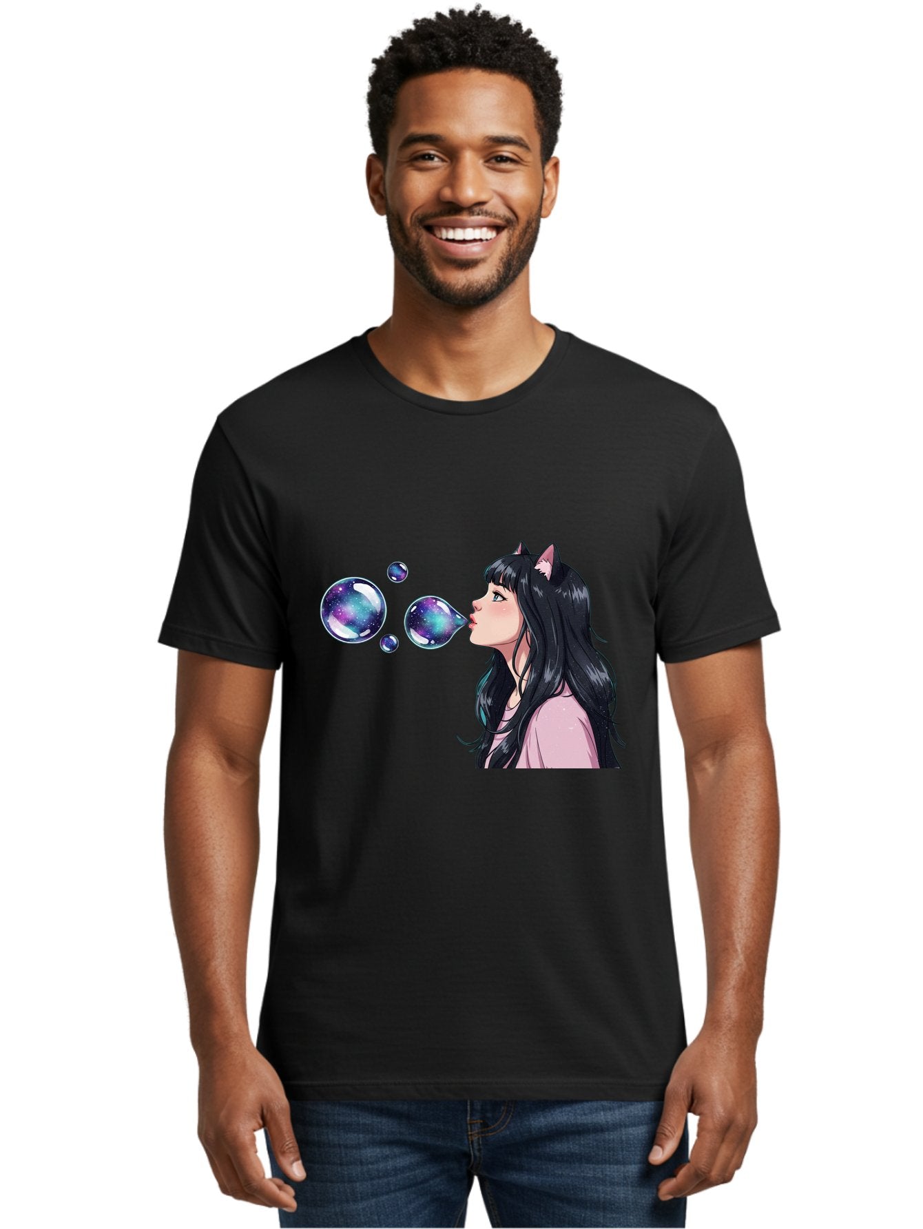 Girl-Blowing-Galaxy-Bubbles Men'S Graphic Tee, 100% Cotton, Comfortable Casual Summer Wear, Machine Washable, Vintage Camera, Old Camera, Antique Camera, Black Camera, Classic Photography, Photography Equipment, Nostalgic Device, Film Camera, Bak685 25