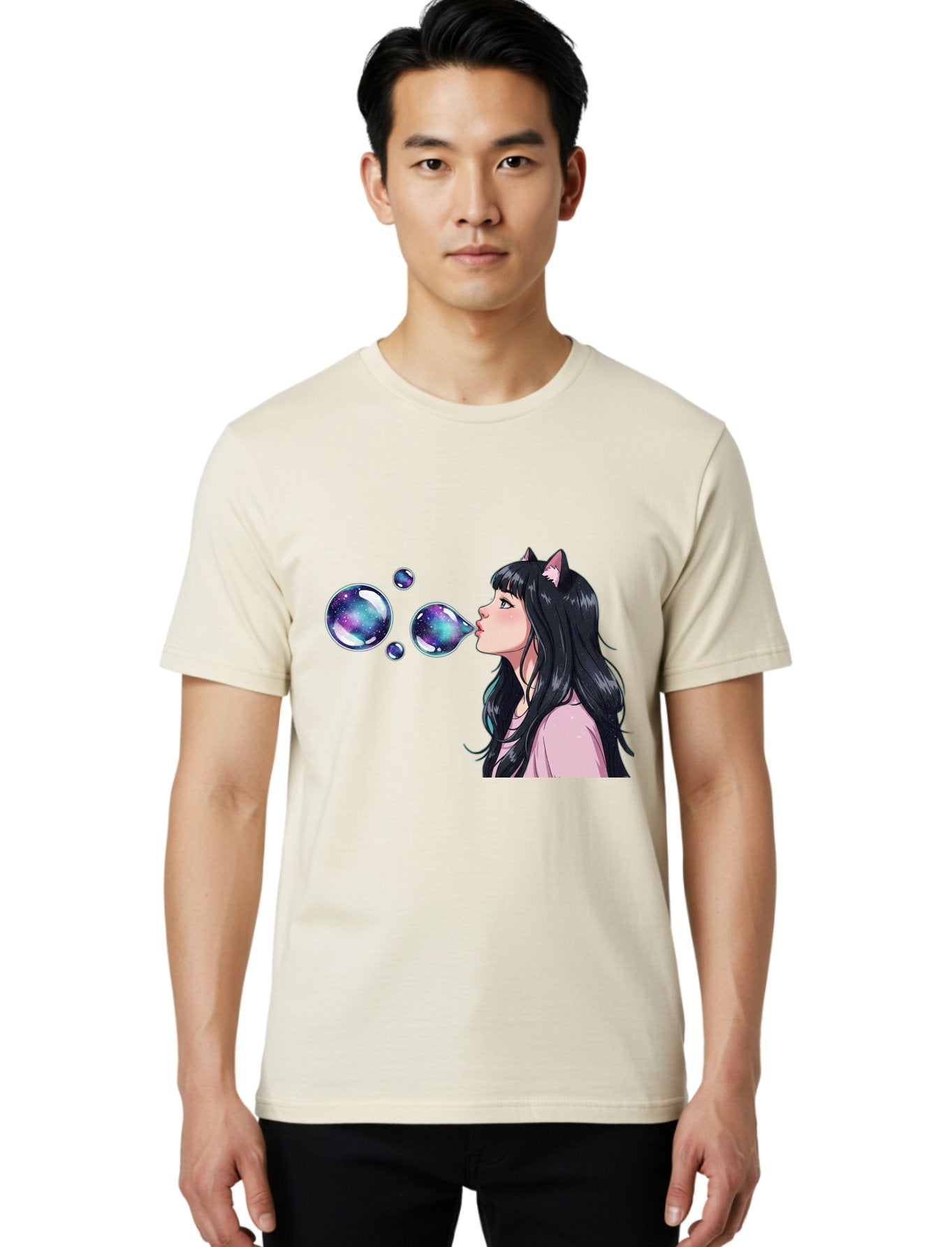 Girl-Blowing-Galaxy-Bubbles Men'S Graphic Tee, 100% Cotton, Comfortable Casual Summer Wear, Machine Washable, Vintage Camera, Old Camera, Antique Camera, Black Camera, Classic Photography, Photography Equipment, Nostalgic Device, Film Camera, Bak685 20