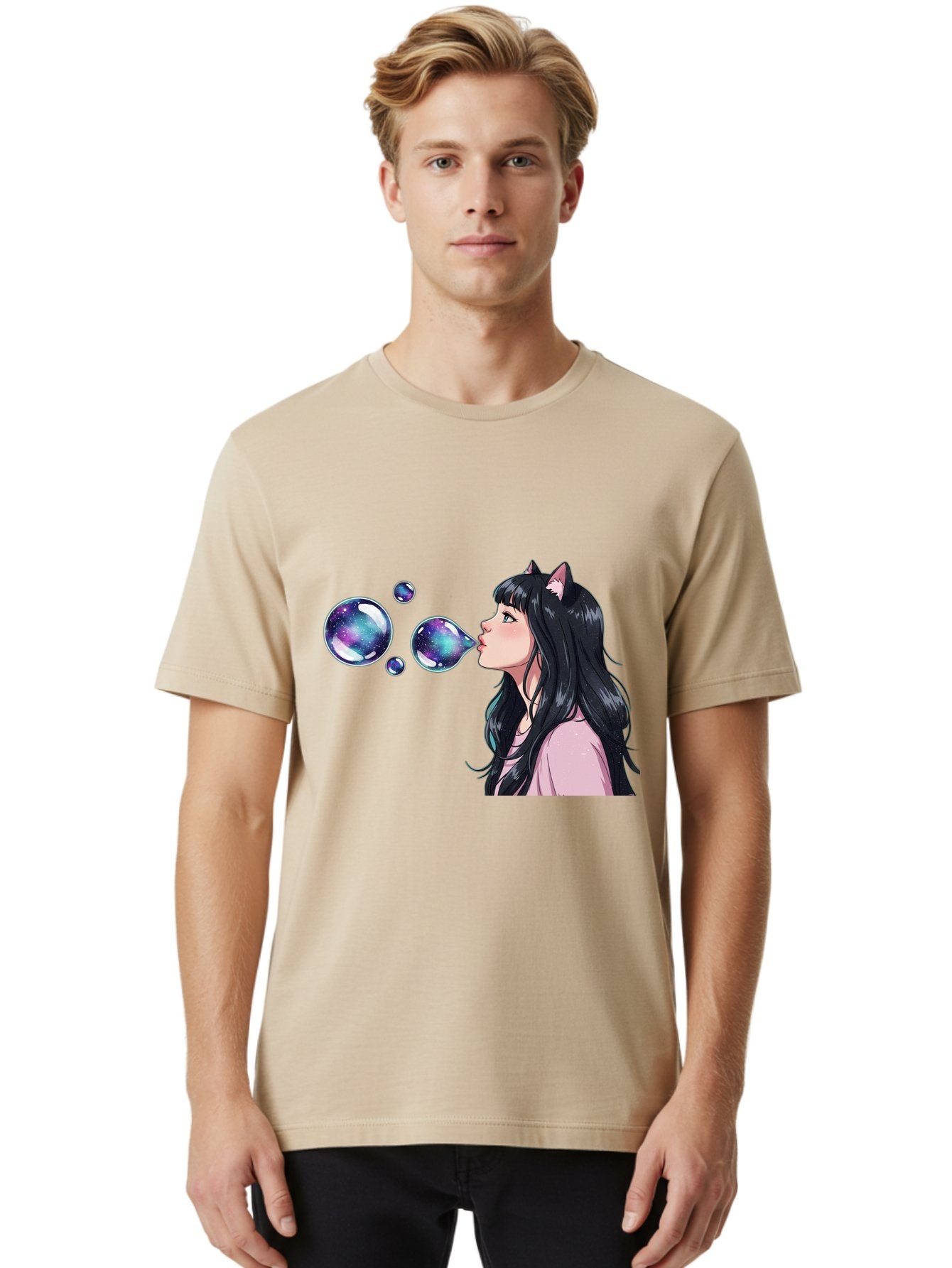 Girl-Blowing-Galaxy-Bubbles Men'S Graphic Tee, 100% Cotton, Comfortable Casual Summer Wear, Machine Washable, Vintage Camera, Old Camera, Antique Camera, Black Camera, Classic Photography, Photography Equipment, Nostalgic Device, Film Camera, Bak685 18