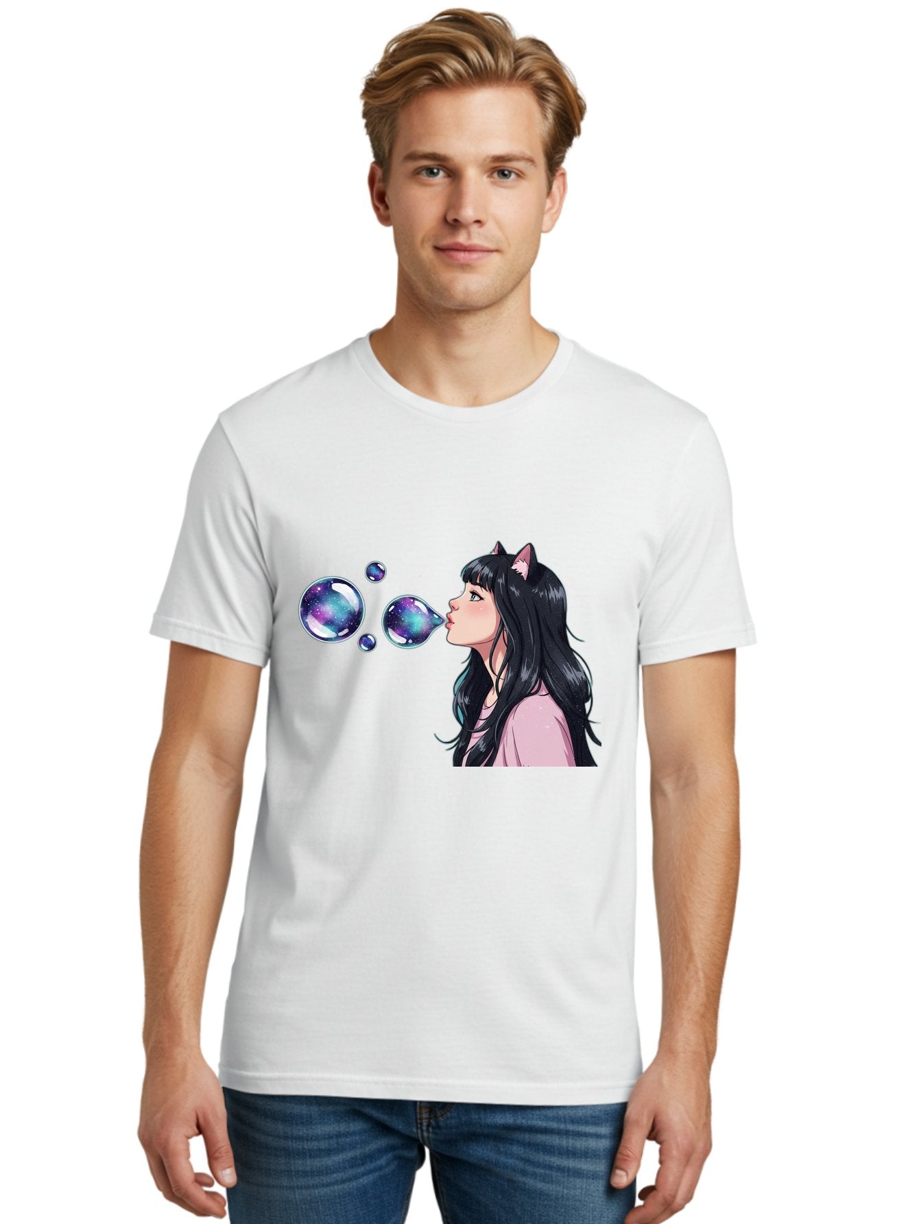 Girl-Blowing-Galaxy-Bubbles Men'S Graphic Tee, 100% Cotton, Comfortable Casual Summer Wear, Machine Washable, Vintage Camera, Old Camera, Antique Camera, Black Camera, Classic Photography, Photography Equipment, Nostalgic Device, Film Camera, Bak685 16