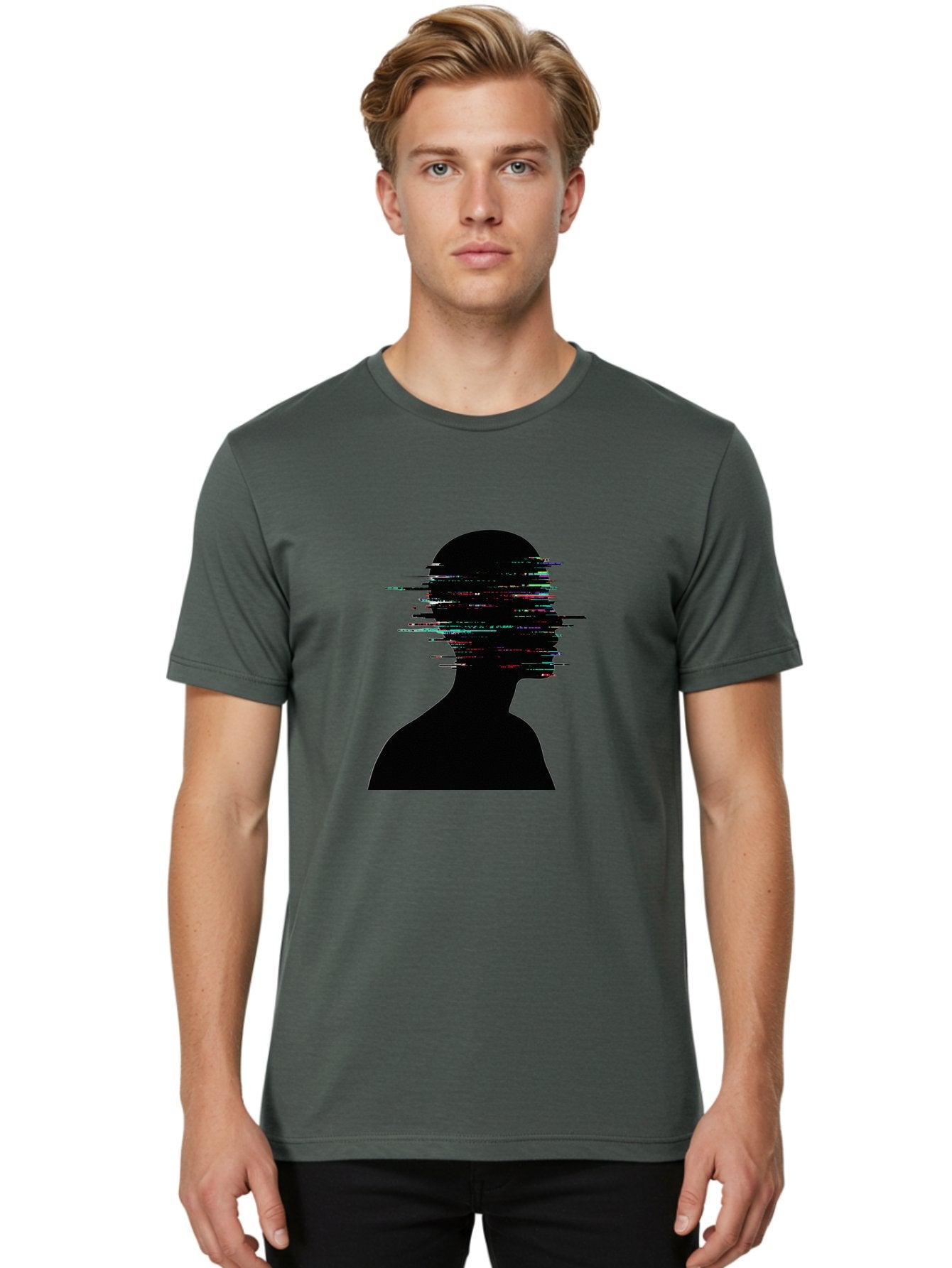 Glitching-Human-Silhouette Men'S Graphic Tee, 100% Cotton, Comfortable Casual Summer Wear, Machine Washable, Vintage Camera, Old Camera, Antique Camera, Black Camera, Classic Photography, Photography Equipment, Nostalgic Device, Film Camera, Bak696 16