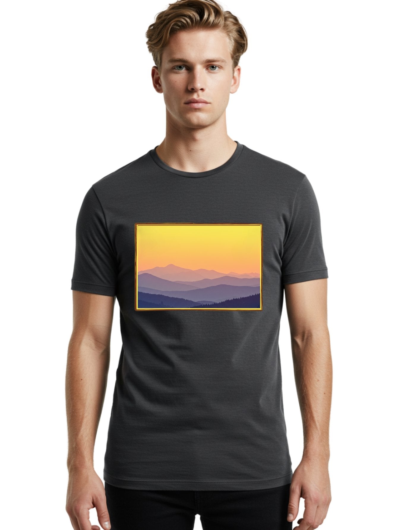 Layered-Mountains-At-Sunset Men'S Graphic Tee, 100% Cotton, Comfortable Casual Summer Wear, Machine Washable, Vintage Camera, Old Camera, Antique Camera, Black Camera, Classic Photography, Photography Equipment, Nostalgic Device, Film Camera, Bak802 17