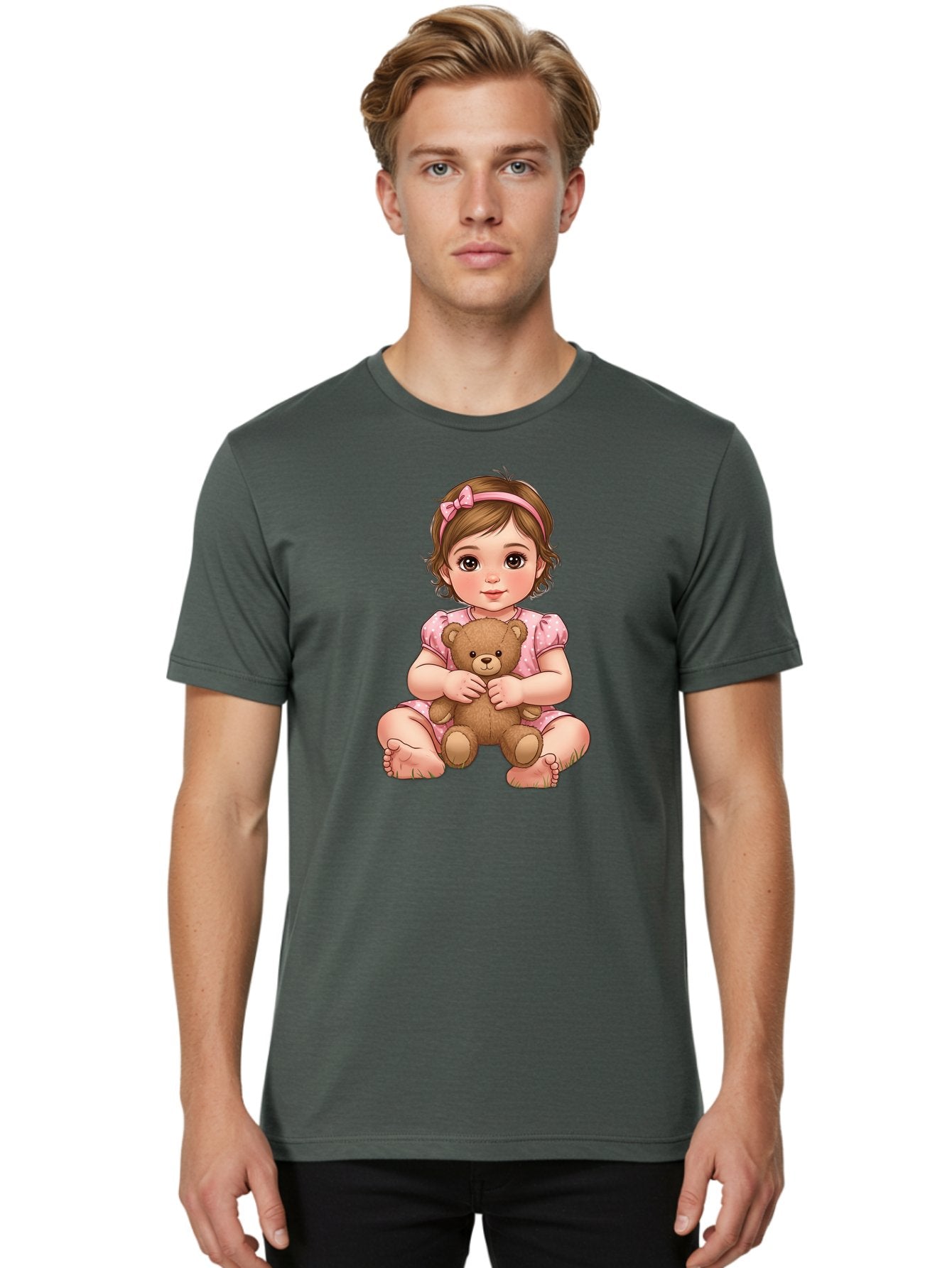 Little-Girl-Hugging-Teddy-Bear-2 Men'S Graphic Tee, 100% Cotton, Comfortable Casual Summer Wear, Machine Washable, Vintage Camera, Old Camera, Antique Camera, Black Camera, Classic Photography, Photography Equipment, Nostalgic Device, Bak820 24