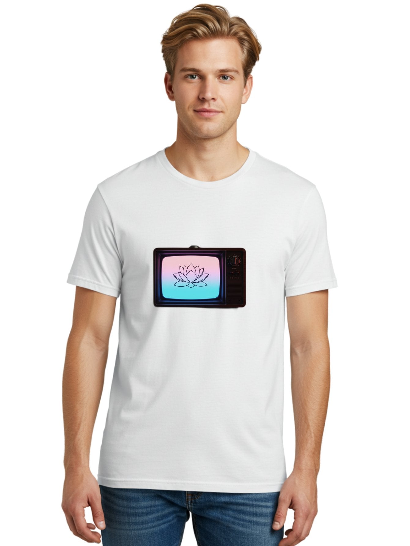 Lotus-On-Retro-Tv Men'S Graphic Tee, 100% Cotton, Comfortable Casual Summer Wear, Machine Washable, Vintage Camera, Old Camera, Antique Camera, Black Camera, Classic Photography, Photography Equipment, Nostalgic Device, Film Camera, Camera Art Bak844 24