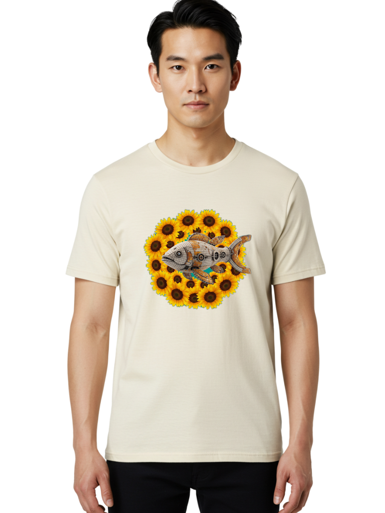 Mechanical-Fish-Sunflowers Men'S Graphic Tee, 100% Cotton, Comfortable Casual Summer Wear, Machine Washable, Vintage Camera, Old Camera, Antique Camera, Black Camera, Classic Photography, Photography Equipment, Nostalgic Device, Film Camera, Bak857 17