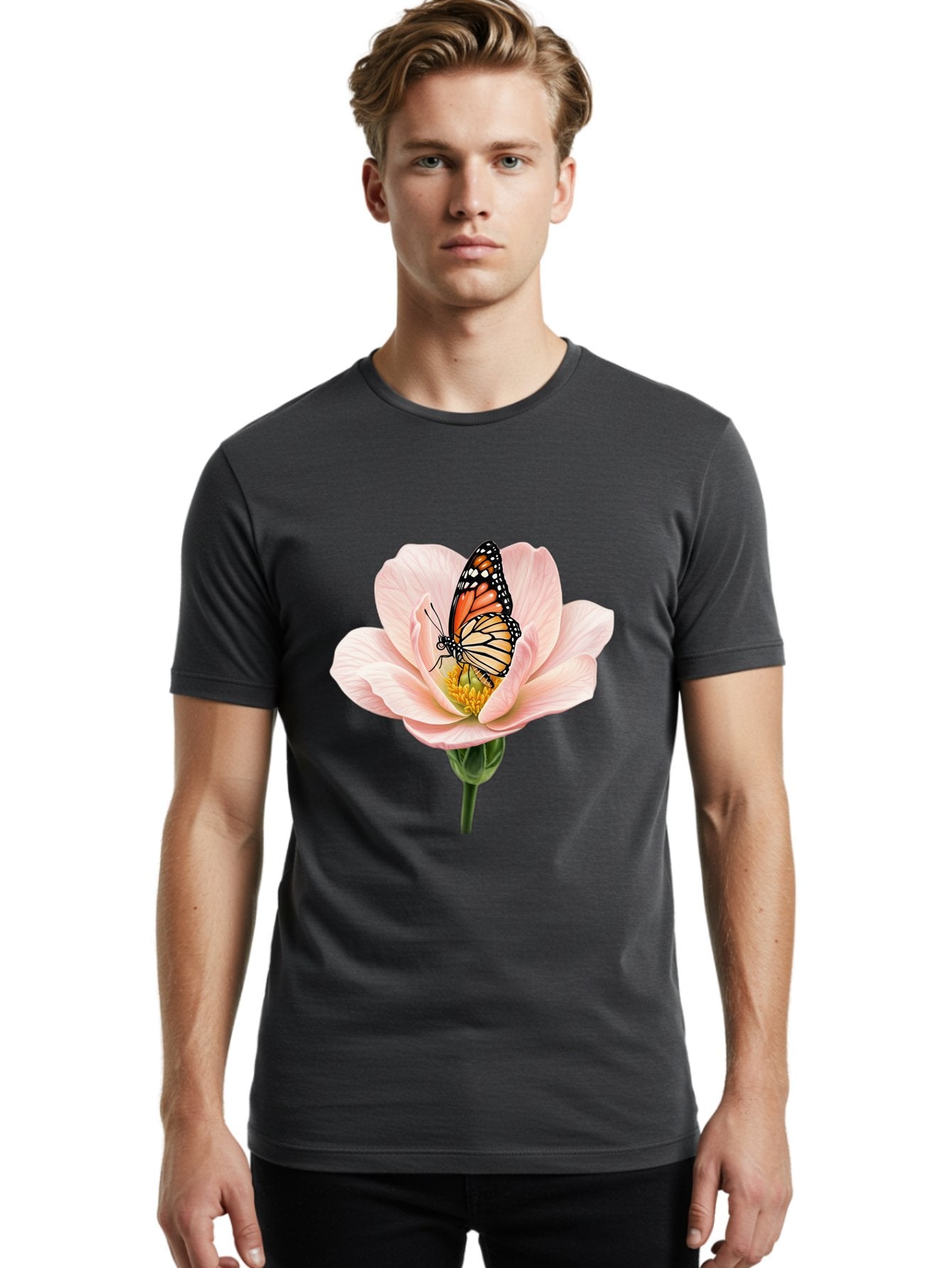 Monarch-On-Pink-Flower Men'S Graphic Tee, 100% Cotton, Comfortable Casual Summer Wear, Machine Washable, Vintage Camera, Old Camera, Antique Camera, Black Camera, Classic Photography, Photography Equipment, Nostalgic Device, Film Camera, Bak890 17