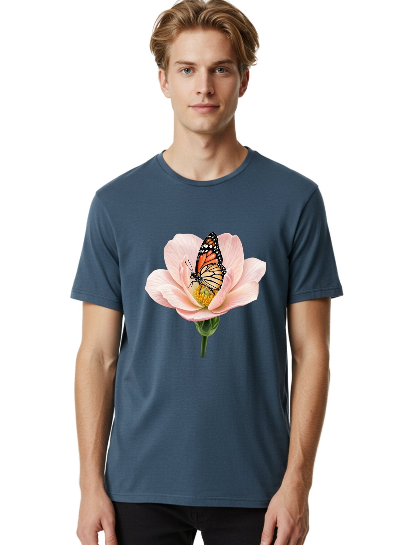 Monarch-On-Pink-Flower Men'S Graphic Tee, 100% Cotton, Comfortable Casual Summer Wear, Machine Washable, Vintage Camera, Old Camera, Antique Camera, Black Camera, Classic Photography, Photography Equipment, Nostalgic Device, Film Camera, Bak890 24