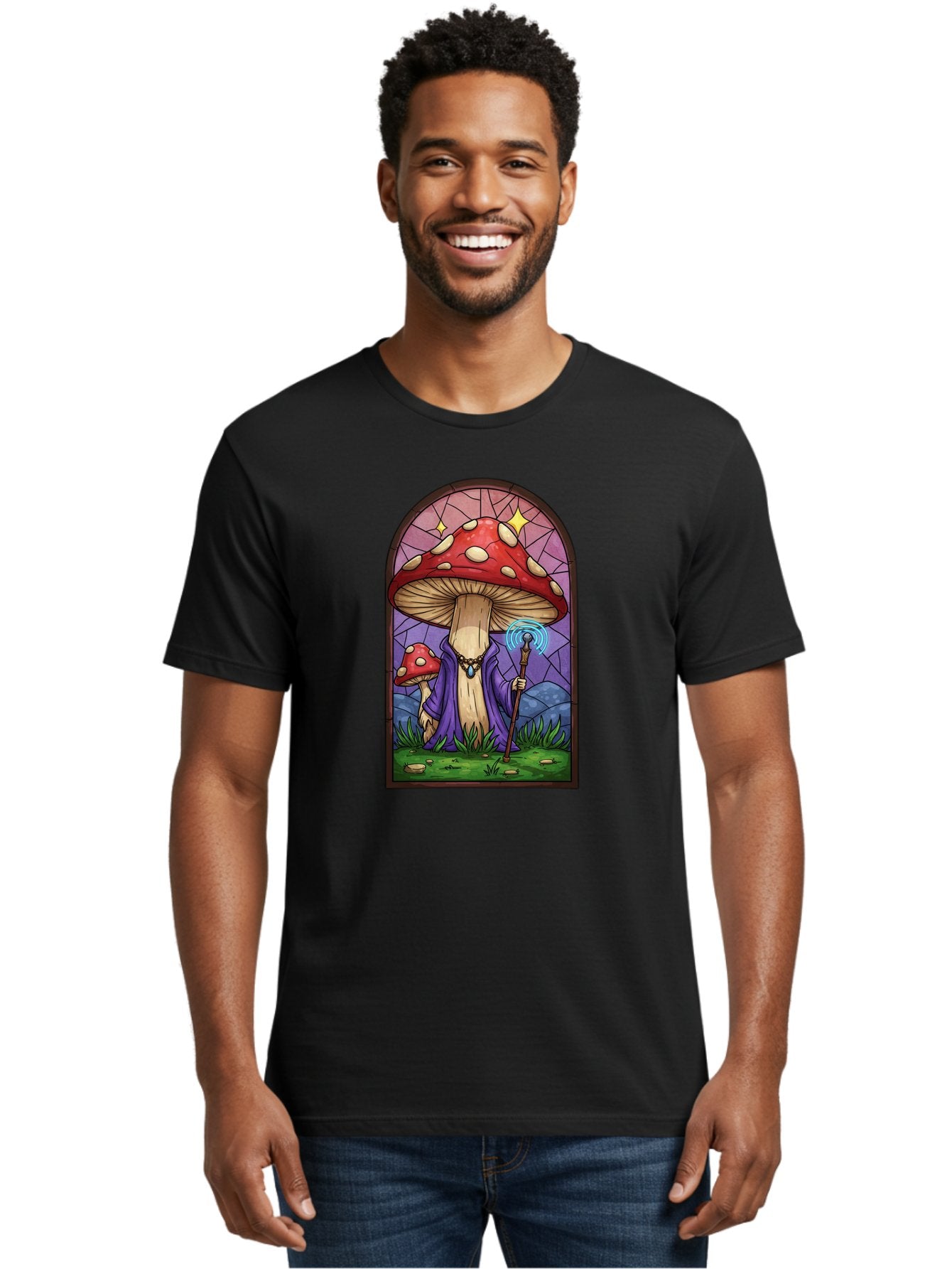 Mushroom-Wizard-Stained-Glass Men'S Graphic Tee, 100% Cotton, Comfortable Casual Summer Wear, Machine Washable, Vintage Camera, Old Camera, Antique Camera, Black Camera, Classic Photography, Photography Equipment, Nostalgic Device, Bak920 21