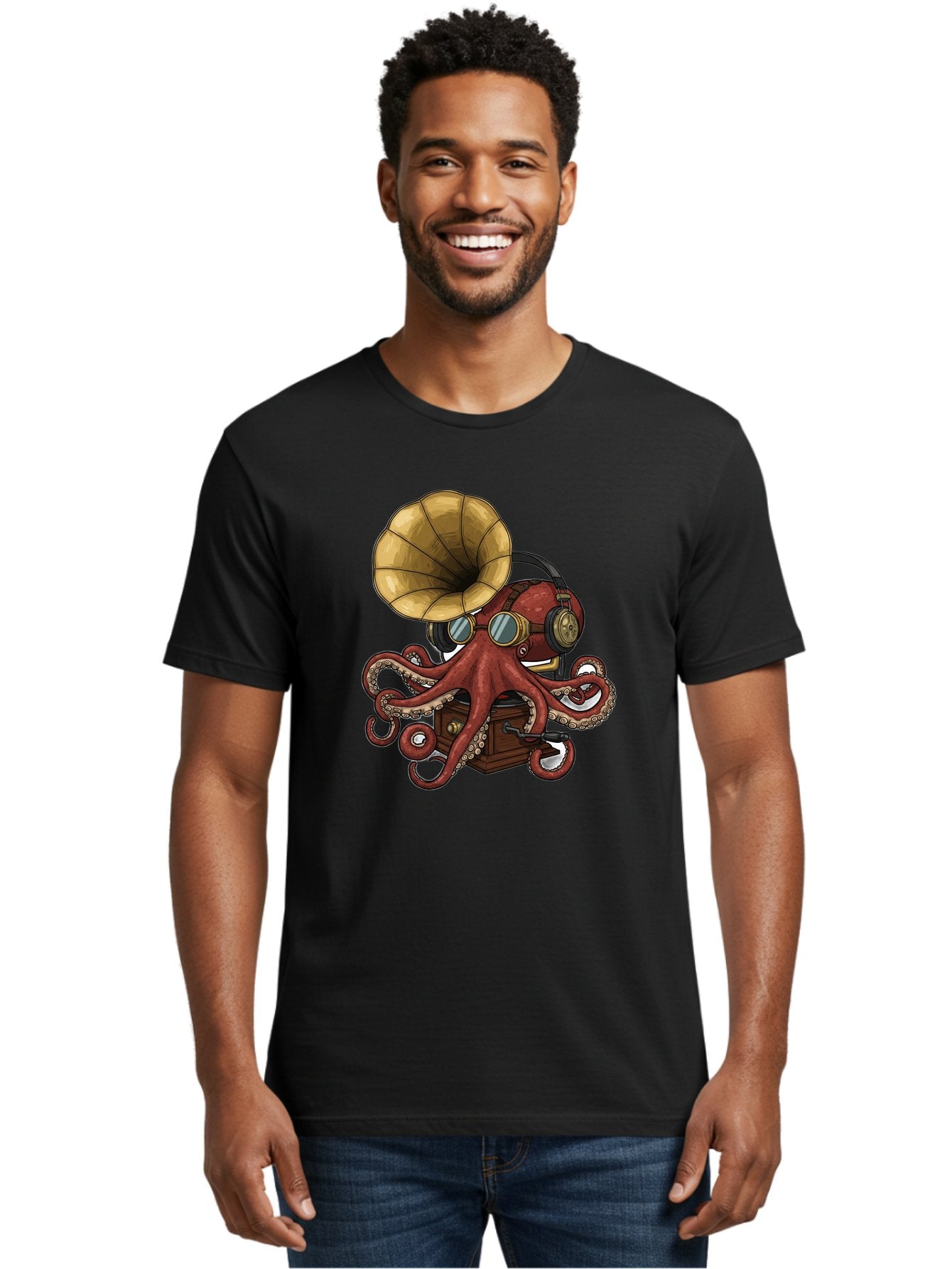 Octopus-Gramophone Men'S Graphic Tee, 100% Cotton, Comfortable Casual Summer Wear, Machine Washable, Vintage Camera, Old Camera, Antique Camera, Black Camera, Classic Photography, Photography Equipment, Nostalgic Device, Film Camera, Bak990 29