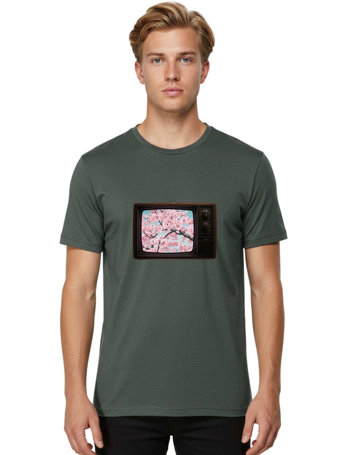 Old-Television-With-Cherry-Blossoms Men'S Graphic Tee, 100% Cotton, Comfortable Casual Summer Wear, Machine Washable, Vintage Camera, Old Camera, Antique Camera, Black Camera, Classic Photography, Photography Equipment, Nostalgic Device, Bak994 27