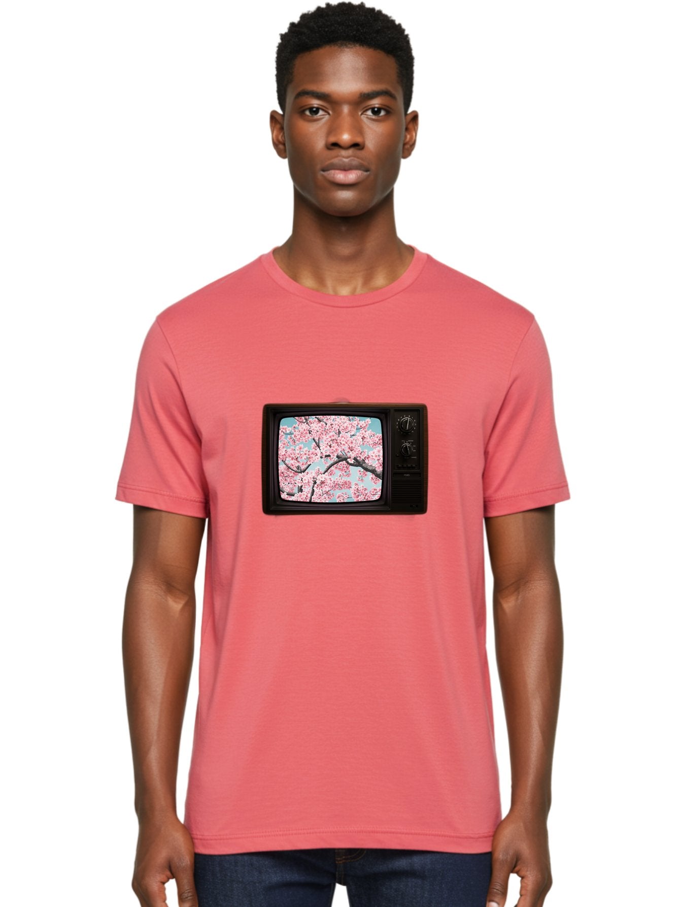 Old-Television-With-Cherry-Blossoms Men'S Graphic Tee, 100% Cotton, Comfortable Casual Summer Wear, Machine Washable, Vintage Camera, Old Camera, Antique Camera, Black Camera, Classic Photography, Photography Equipment, Nostalgic Device, Bak994 26