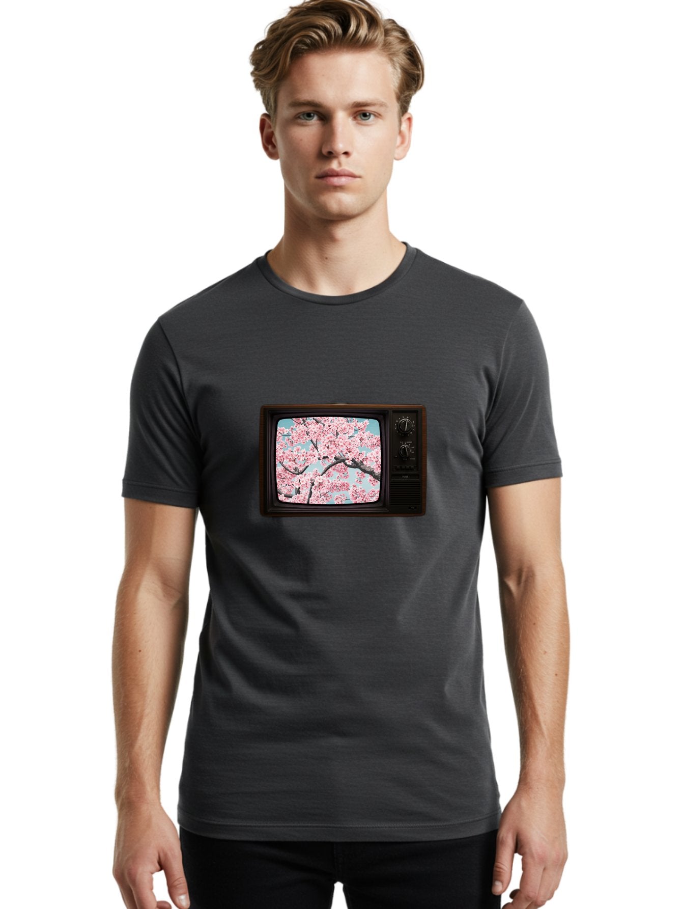 Old-Television-With-Cherry-Blossoms Men'S Graphic Tee, 100% Cotton, Comfortable Casual Summer Wear, Machine Washable, Vintage Camera, Old Camera, Antique Camera, Black Camera, Classic Photography, Photography Equipment, Nostalgic Device, Bak994 18