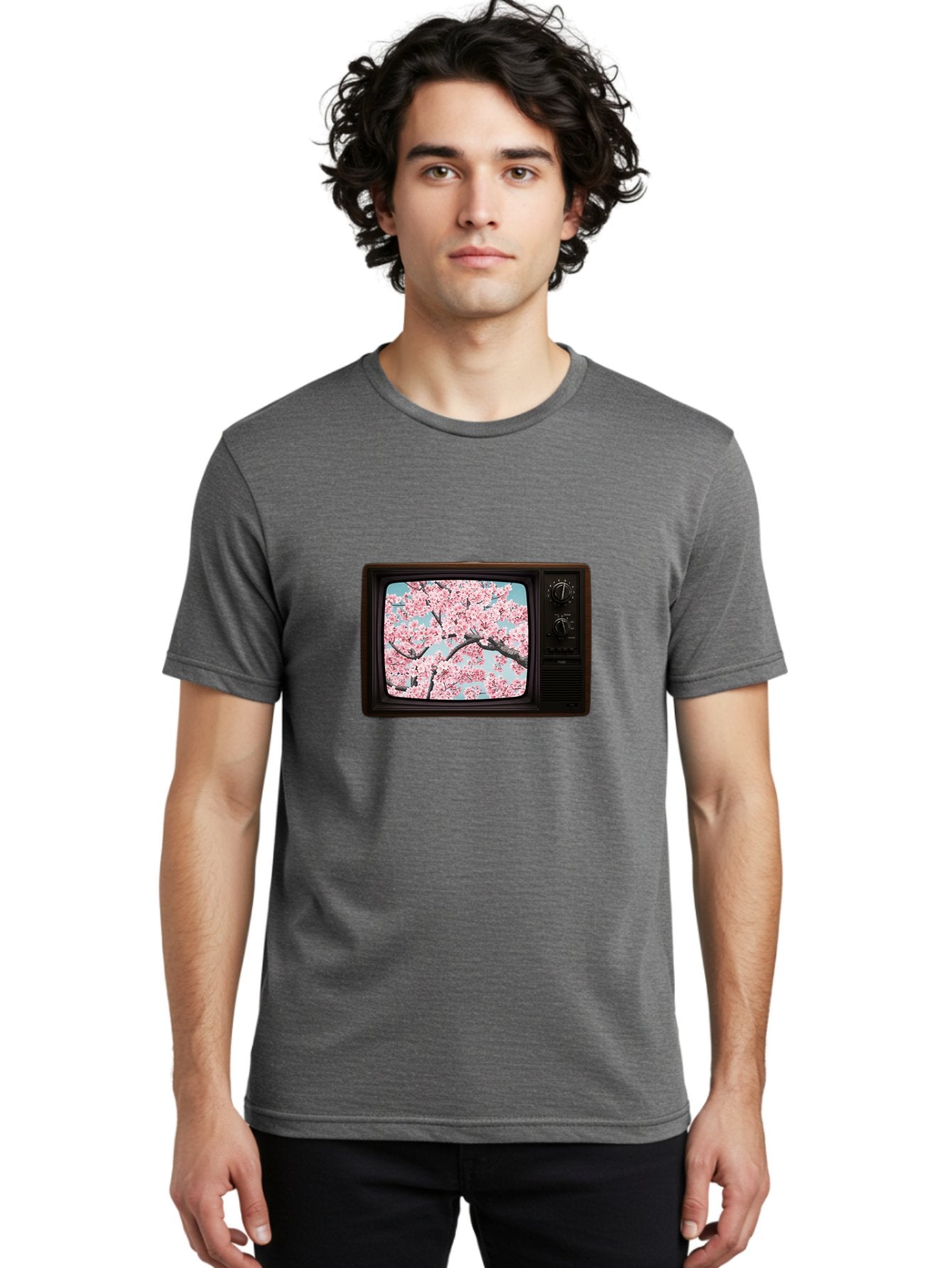 Old-Television-With-Cherry-Blossoms Men'S Graphic Tee, 100% Cotton, Comfortable Casual Summer Wear, Machine Washable, Vintage Camera, Old Camera, Antique Camera, Black Camera, Classic Photography, Photography Equipment, Nostalgic Device, Bak994 20