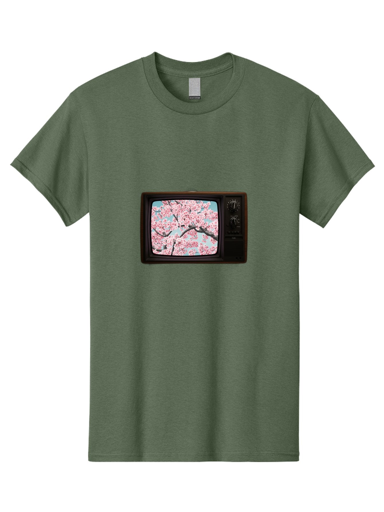 Old-Television-With-Cherry-Blossoms Men'S Graphic Tee, 100% Cotton, Comfortable Casual Summer Wear, Machine Washable, Vintage Camera, Old Camera, Antique Camera, Black Camera, Classic Photography, Photography Equipment, Nostalgic Device, Bak994