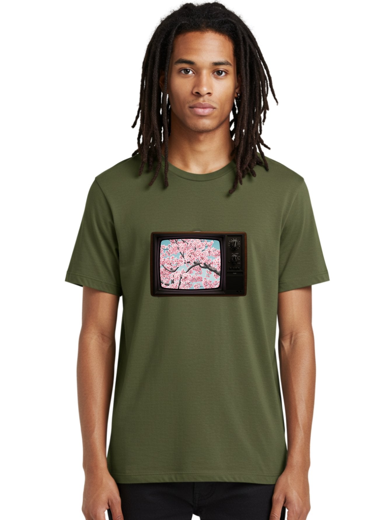 Old-Television-With-Cherry-Blossoms Men'S Graphic Tee, 100% Cotton, Comfortable Casual Summer Wear, Machine Washable, Vintage Camera, Old Camera, Antique Camera, Black Camera, Classic Photography, Photography Equipment, Nostalgic Device, Bak994 21
