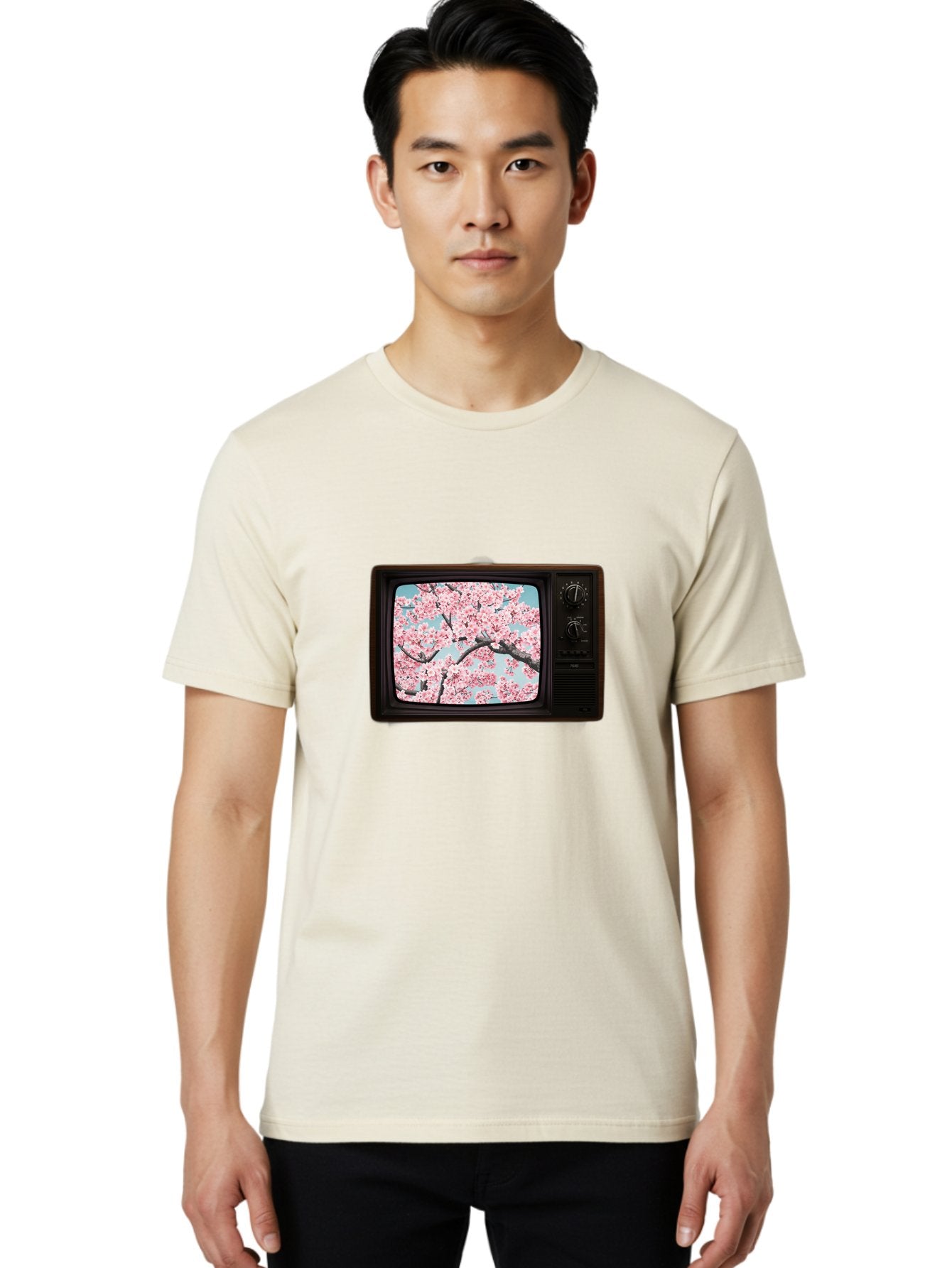 Old-Television-With-Cherry-Blossoms Men'S Graphic Tee, 100% Cotton, Comfortable Casual Summer Wear, Machine Washable, Vintage Camera, Old Camera, Antique Camera, Black Camera, Classic Photography, Photography Equipment, Nostalgic Device, Bak994 28