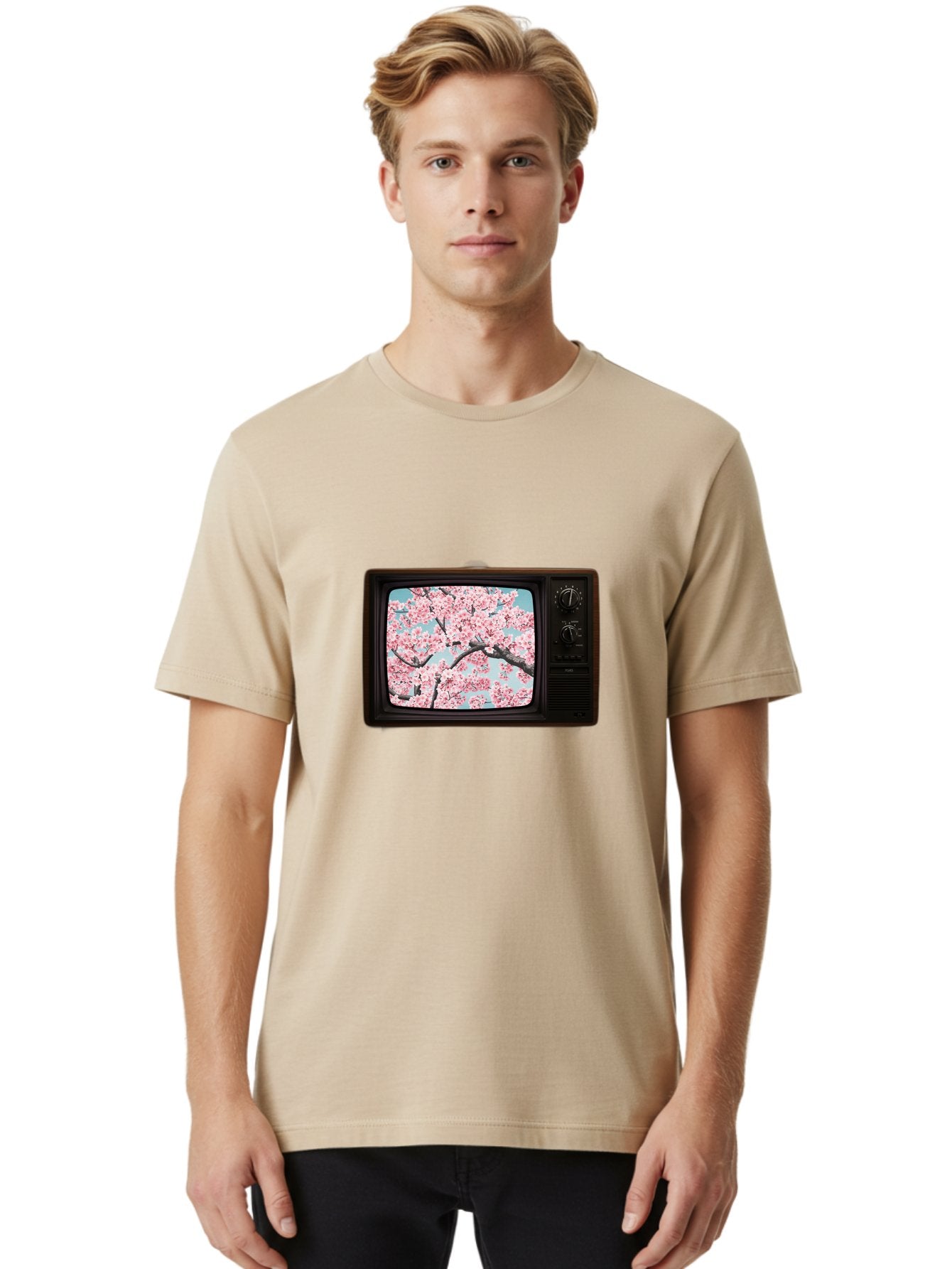 Old-Television-With-Cherry-Blossoms Men'S Graphic Tee, 100% Cotton, Comfortable Casual Summer Wear, Machine Washable, Vintage Camera, Old Camera, Antique Camera, Black Camera, Classic Photography, Photography Equipment, Nostalgic Device, Bak994 25