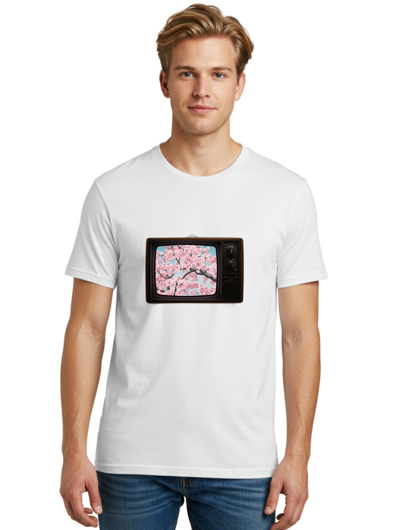 Old-Television-With-Cherry-Blossoms Men'S Graphic Tee, 100% Cotton, Comfortable Casual Summer Wear, Machine Washable, Vintage Camera, Old Camera, Antique Camera, Black Camera, Classic Photography, Photography Equipment, Nostalgic Device, Bak994 30
