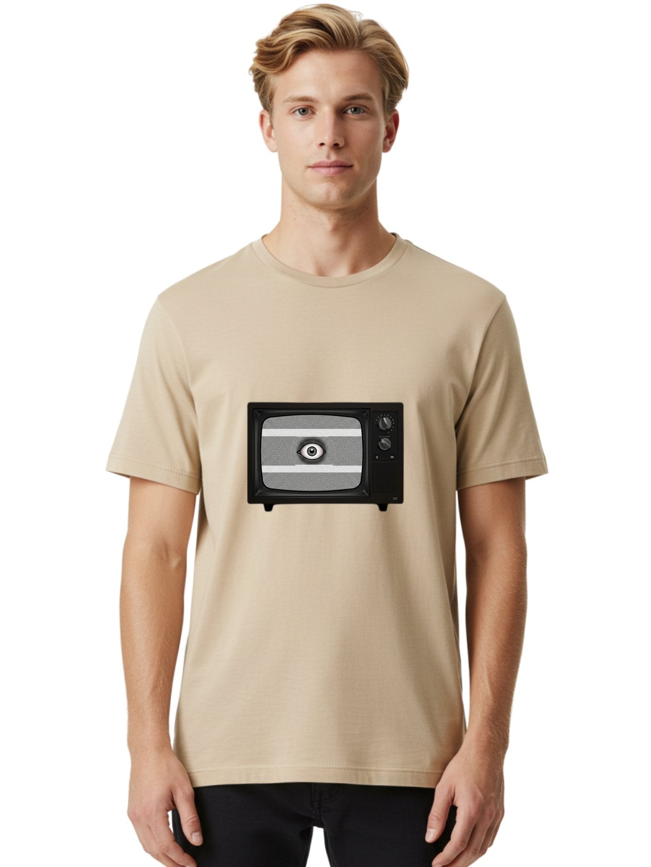 Old-Tv-With-Eye Men'S Graphic Tee, 100% Cotton, Comfortable Casual Summer Wear, Machine Washable, Vintage Camera, Old Camera, Antique Camera, Black Camera, Classic Photography, Photography Equipment, Nostalgic Device, Film Camera, Camera Art Bak996 23