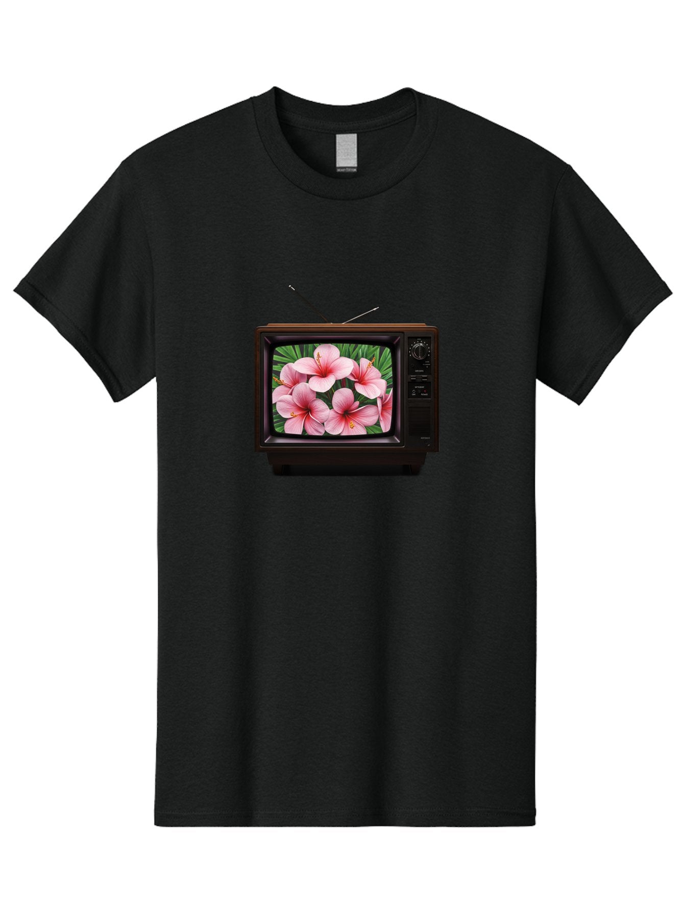 Old-Tv-With-Hibiscus-Flowers Men'S Graphic Tee, 100% Cotton, Comfortable Casual Summer Wear, Machine Washable, Vintage Camera, Old Camera, Antique Camera, Black Camera, Classic Photography, Photography Equipment, Nostalgic Device, Film Camera, Bak998 8