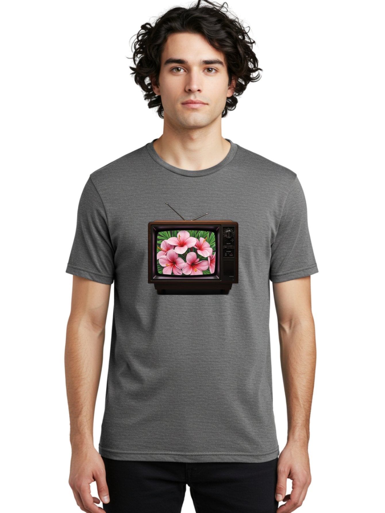 Old-Tv-With-Hibiscus-Flowers Men'S Graphic Tee, 100% Cotton, Comfortable Casual Summer Wear, Machine Washable, Vintage Camera, Old Camera, Antique Camera, Black Camera, Classic Photography, Photography Equipment, Nostalgic Device, Film Camera, Bak998 21