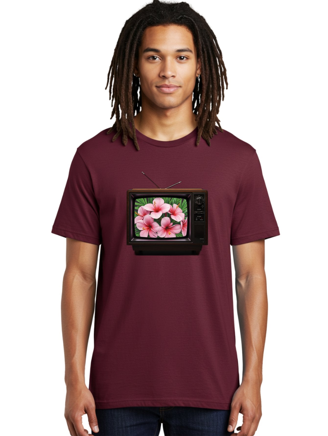 Old-Tv-With-Hibiscus-Flowers Men'S Graphic Tee, 100% Cotton, Comfortable Casual Summer Wear, Machine Washable, Vintage Camera, Old Camera, Antique Camera, Black Camera, Classic Photography, Photography Equipment, Nostalgic Device, Film Camera, Bak998 18