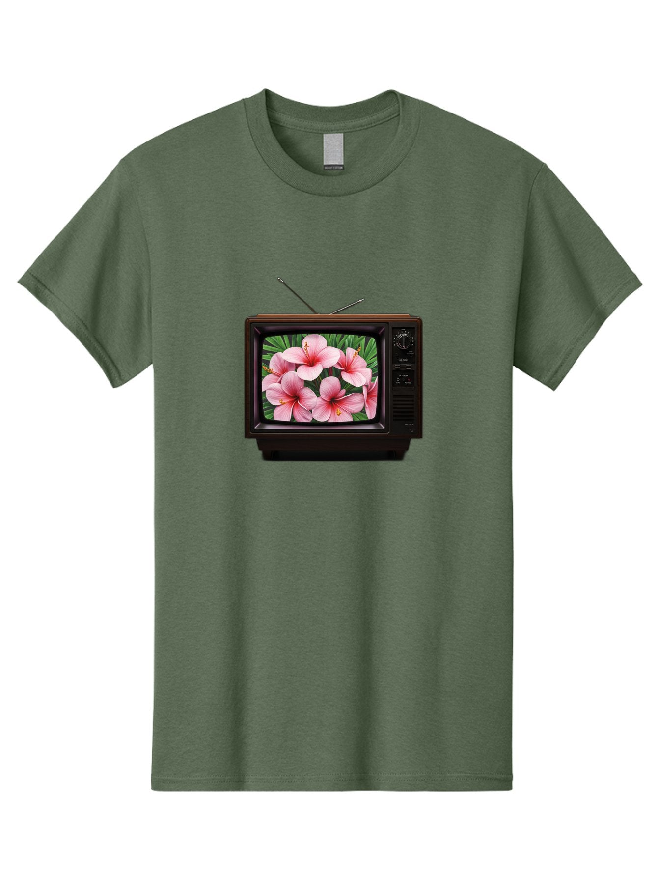 Old-Tv-With-Hibiscus-Flowers Men'S Graphic Tee, 100% Cotton, Comfortable Casual Summer Wear, Machine Washable, Vintage Camera, Old Camera, Antique Camera, Black Camera, Classic Photography, Photography Equipment, Nostalgic Device, Film Camera, Bak998