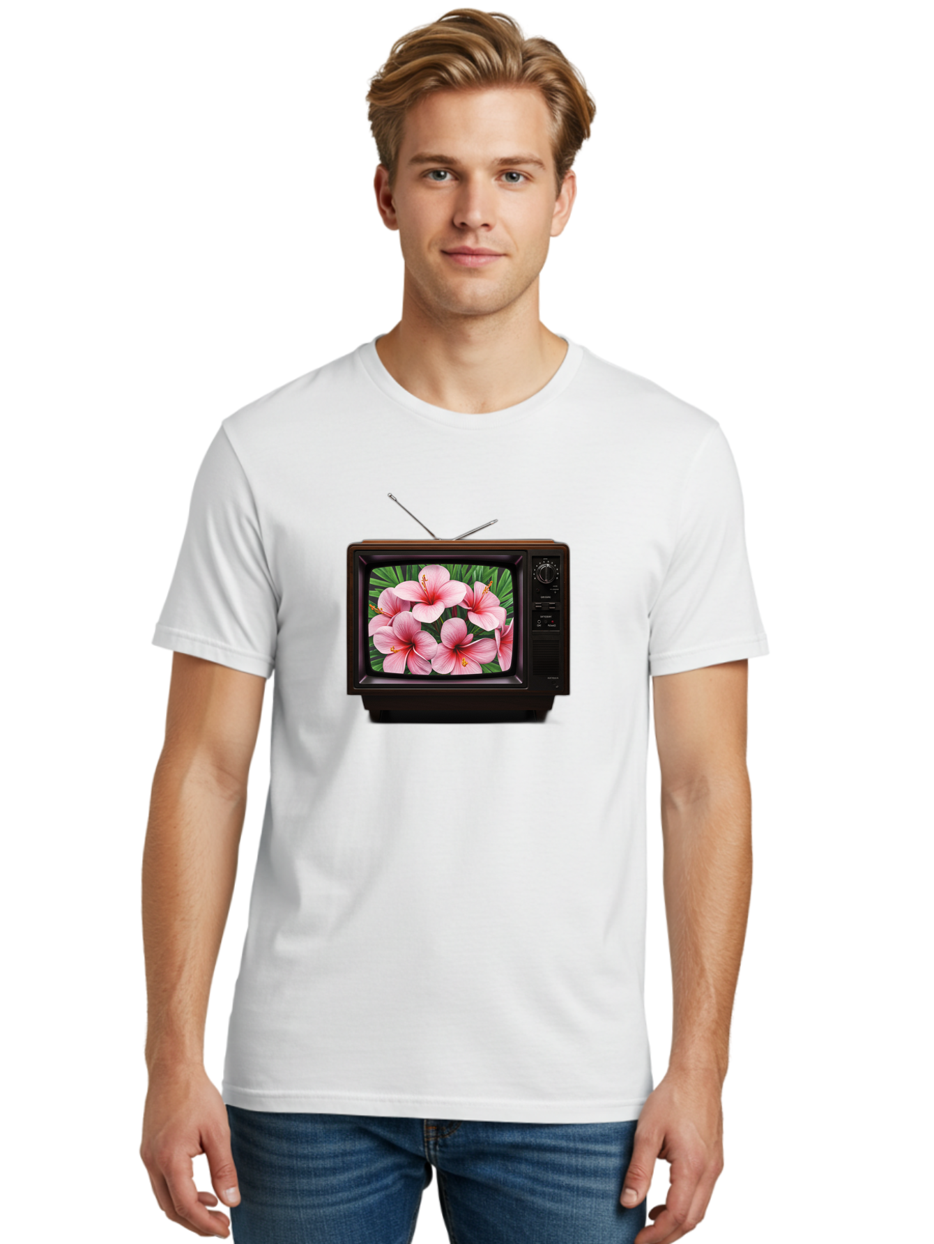 Old-Tv-With-Hibiscus-Flowers Men'S Graphic Tee, 100% Cotton, Comfortable Casual Summer Wear, Machine Washable, Vintage Camera, Old Camera, Antique Camera, Black Camera, Classic Photography, Photography Equipment, Nostalgic Device, Film Camera, Bak998 16