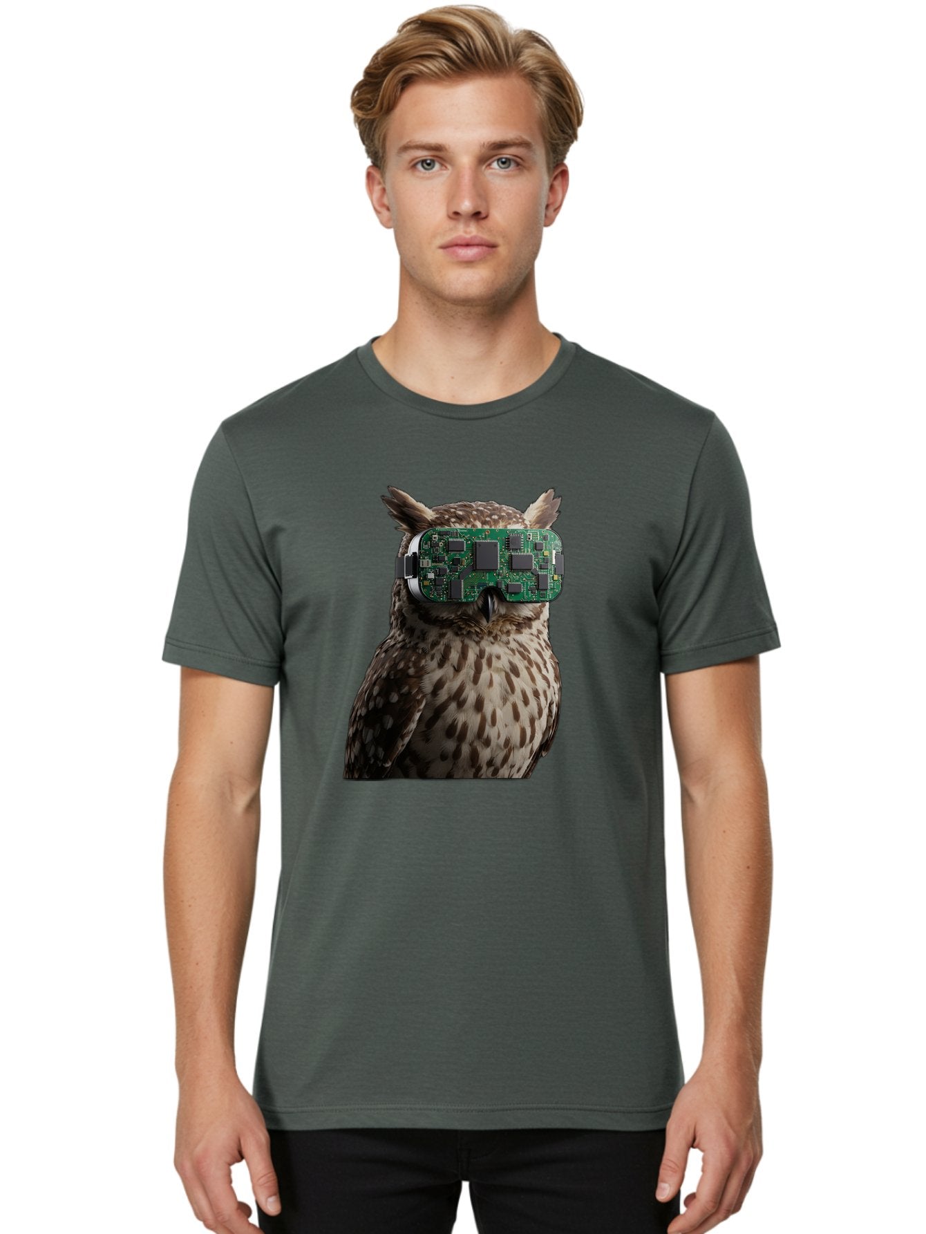 Owl-With-Circuit-Board-Vr-Goggles Men'S Graphic Tee, 100% Cotton, Comfortable Casual Summer Wear, Machine Washable, Vintage Camera, Old Camera, Antique Camera, Black Camera, Classic Photography, Photography Equipment, Nostalgic Device, Bal028 21