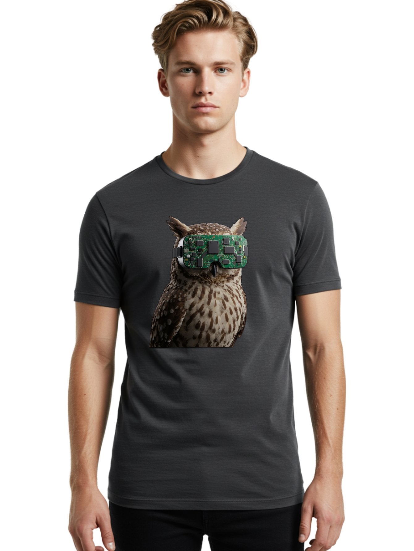 Owl-With-Circuit-Board-Vr-Goggles Men'S Graphic Tee, 100% Cotton, Comfortable Casual Summer Wear, Machine Washable, Vintage Camera, Old Camera, Antique Camera, Black Camera, Classic Photography, Photography Equipment, Nostalgic Device, Bal028 30