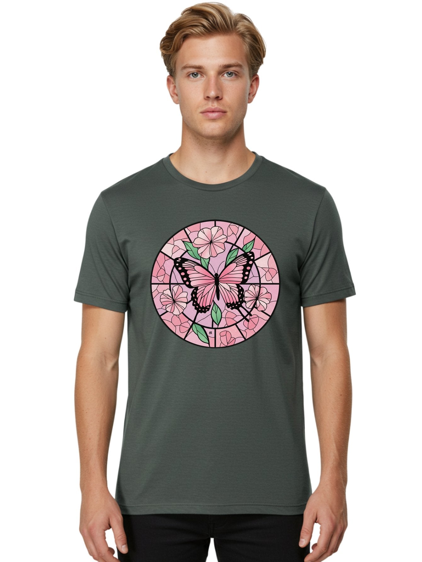 Pink-Butterfly-Stained-Glass Men'S Graphic Tee, 100% Cotton, Comfortable Casual Summer Wear, Machine Washable, Vintage Camera, Old Camera, Antique Camera, Black Camera, Classic Photography, Photography Equipment, Nostalgic Device, Film Camera, Bal088 30
