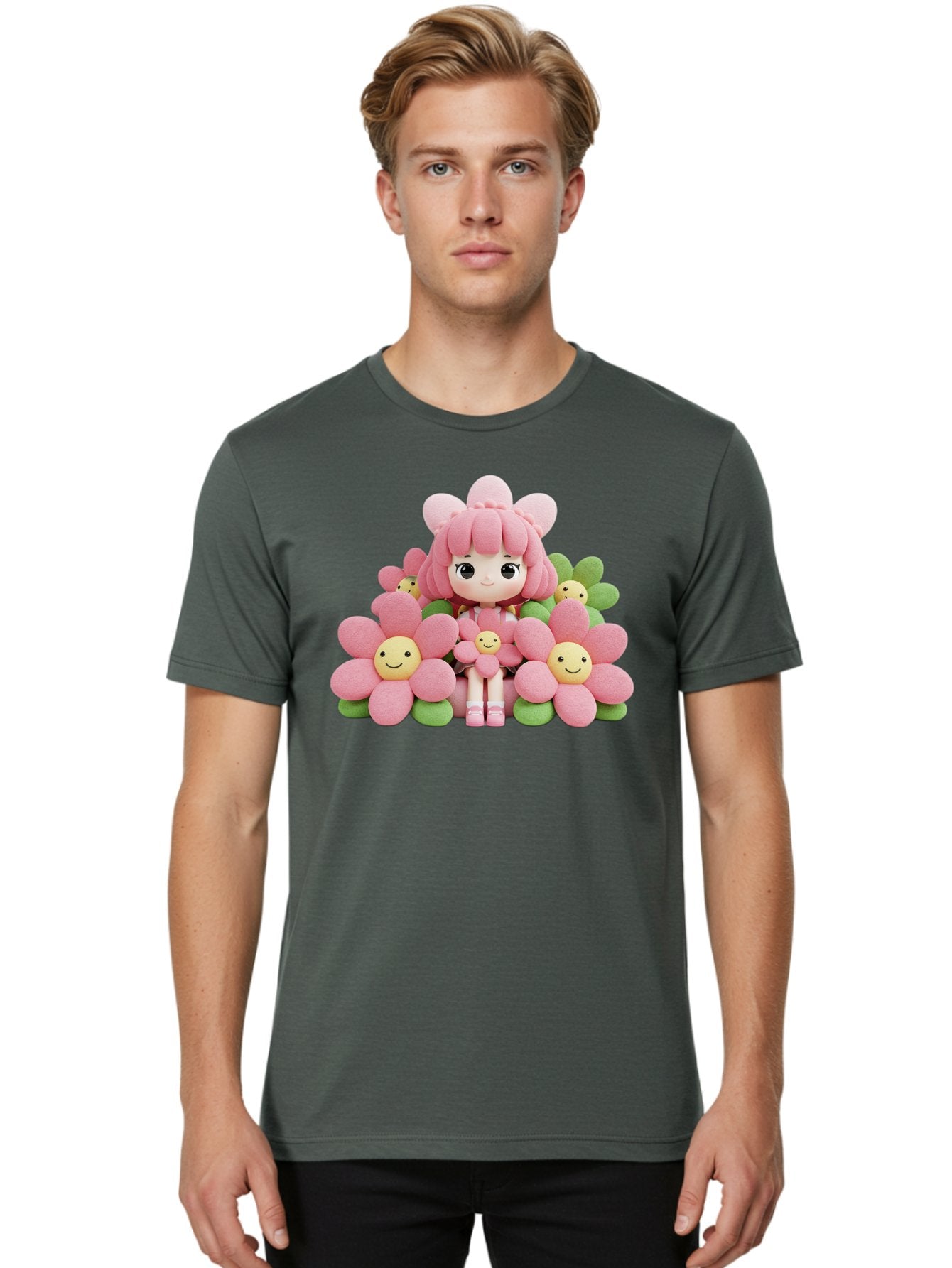 Pink-Haired-Doll-In-Flowers Men'S Graphic Tee, 100% Cotton, Comfortable Casual Summer Wear, Machine Washable, Vintage Camera, Old Camera, Antique Camera, Black Camera, Classic Photography, Photography Equipment, Nostalgic Device, Film Camera, Bal130 24