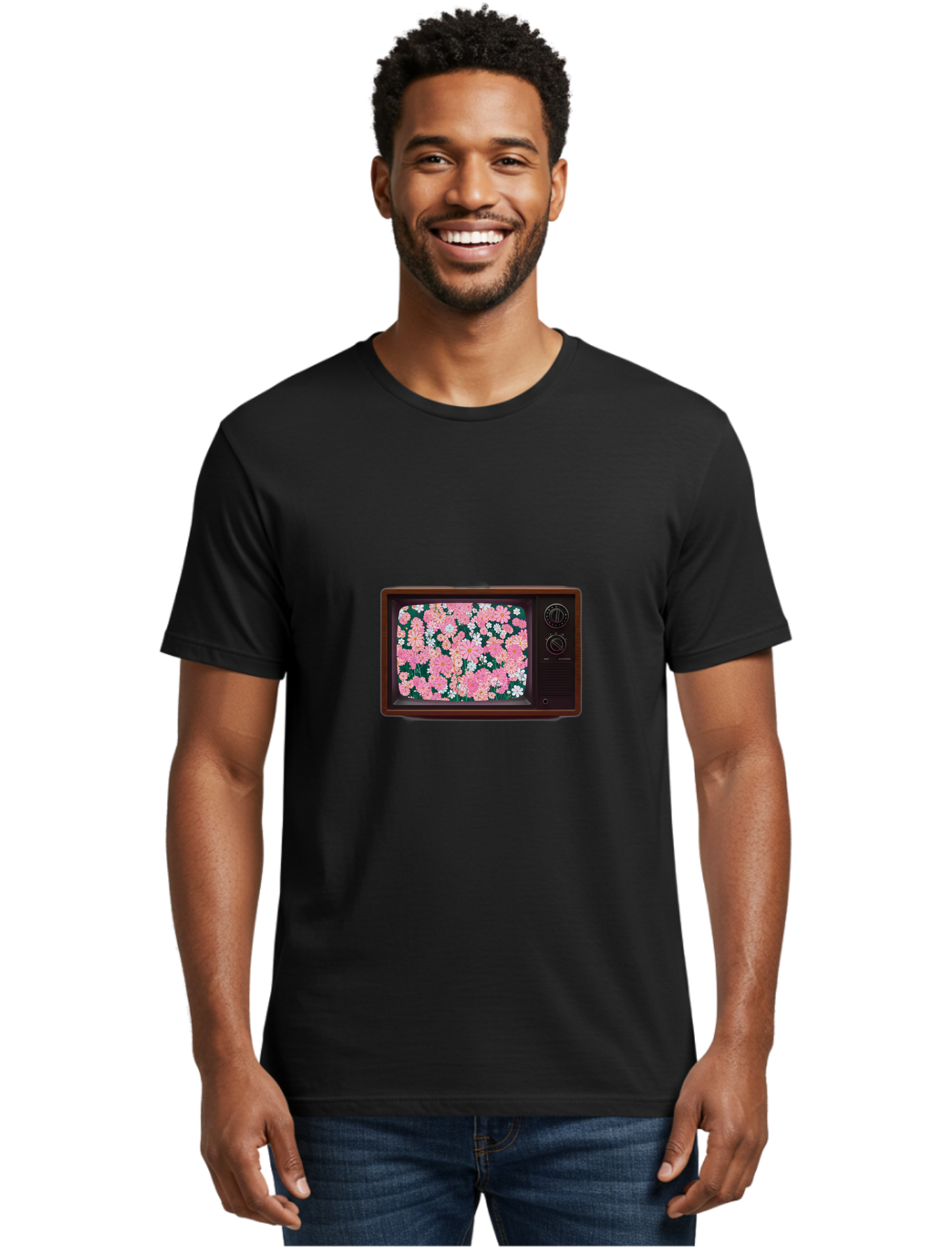 Retro-Tv-With-Flowers Men'S Graphic Tee, 100% Cotton, Comfortable Casual Summer Wear, Machine Washable, Vintage Camera, Old Camera, Antique Camera, Black Camera, Classic Photography, Photography Equipment, Nostalgic Device, Film Camera, Bal229 19