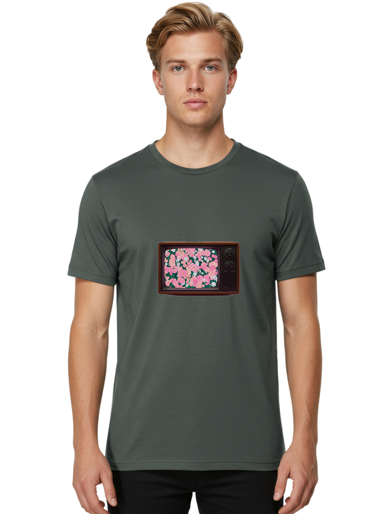 Retro-Tv-With-Flowers Men'S Graphic Tee, 100% Cotton, Comfortable Casual Summer Wear, Machine Washable, Vintage Camera, Old Camera, Antique Camera, Black Camera, Classic Photography, Photography Equipment, Nostalgic Device, Film Camera, Bal229 16