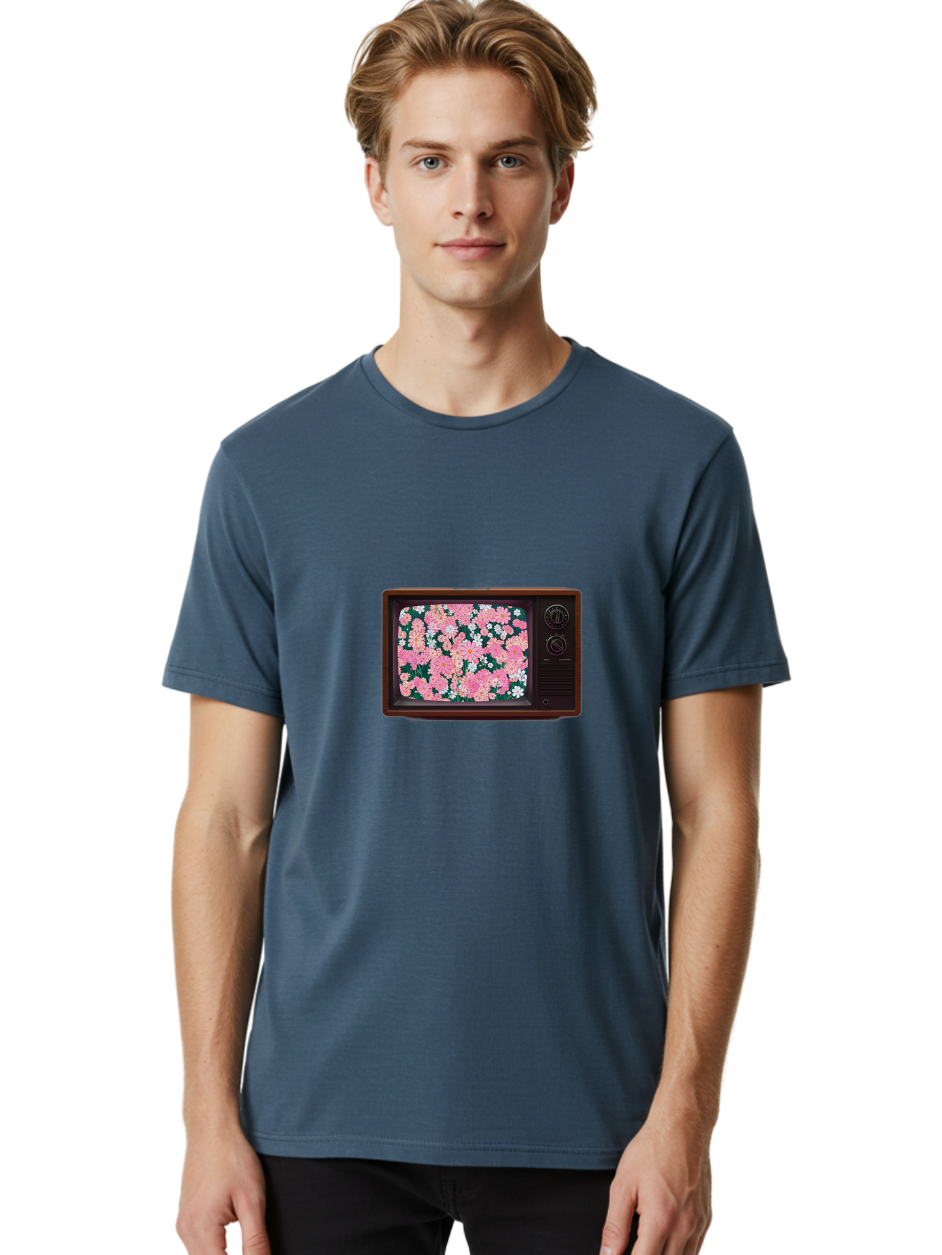 Retro-Tv-With-Flowers Men'S Graphic Tee, 100% Cotton, Comfortable Casual Summer Wear, Machine Washable, Vintage Camera, Old Camera, Antique Camera, Black Camera, Classic Photography, Photography Equipment, Nostalgic Device, Film Camera, Bal229 30
